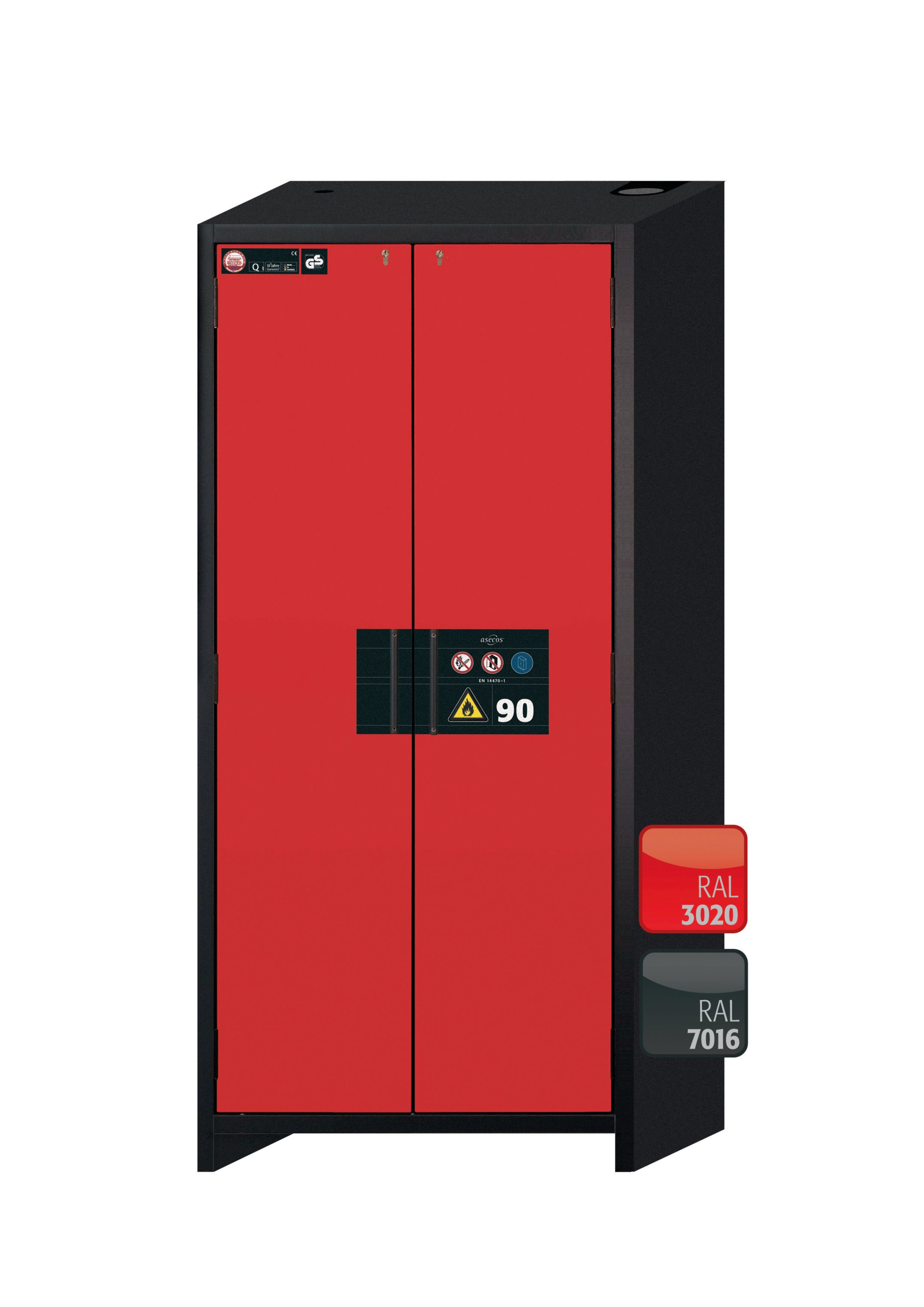 Type 90 safety storage cabinet Q-CLASSIC-90 model Q90.195.090 in traffic red RAL 3020 with 6x drawer (standard) (stainless steel 1.4301),