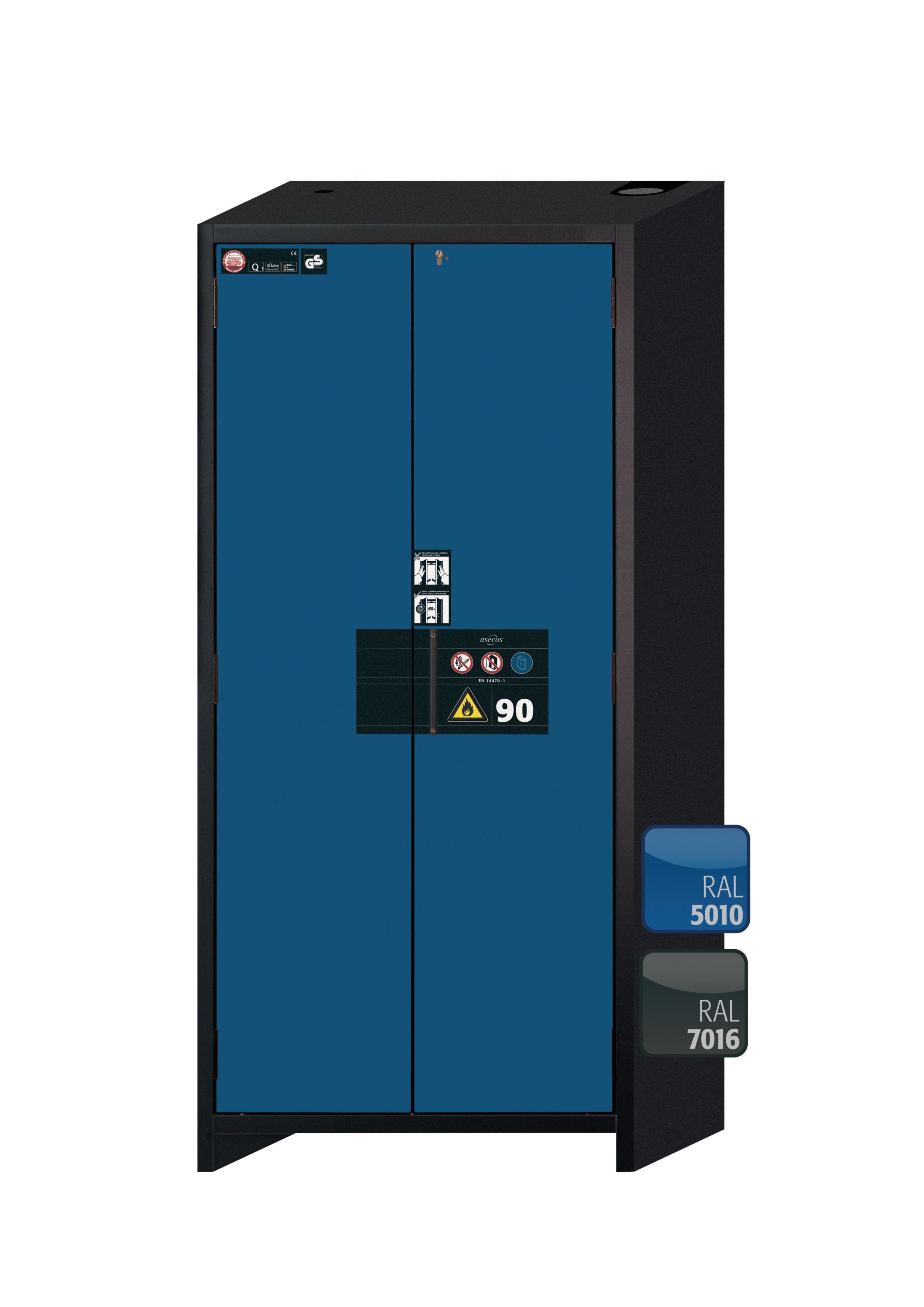Typ 90 Sicherheitsschrank Q-PEGASUS-90 Modell Q90.195.090.WDAC in enzianblau RAL 5010 mit 6x Auszugswanne Standard (Edelstahl 1.4301)