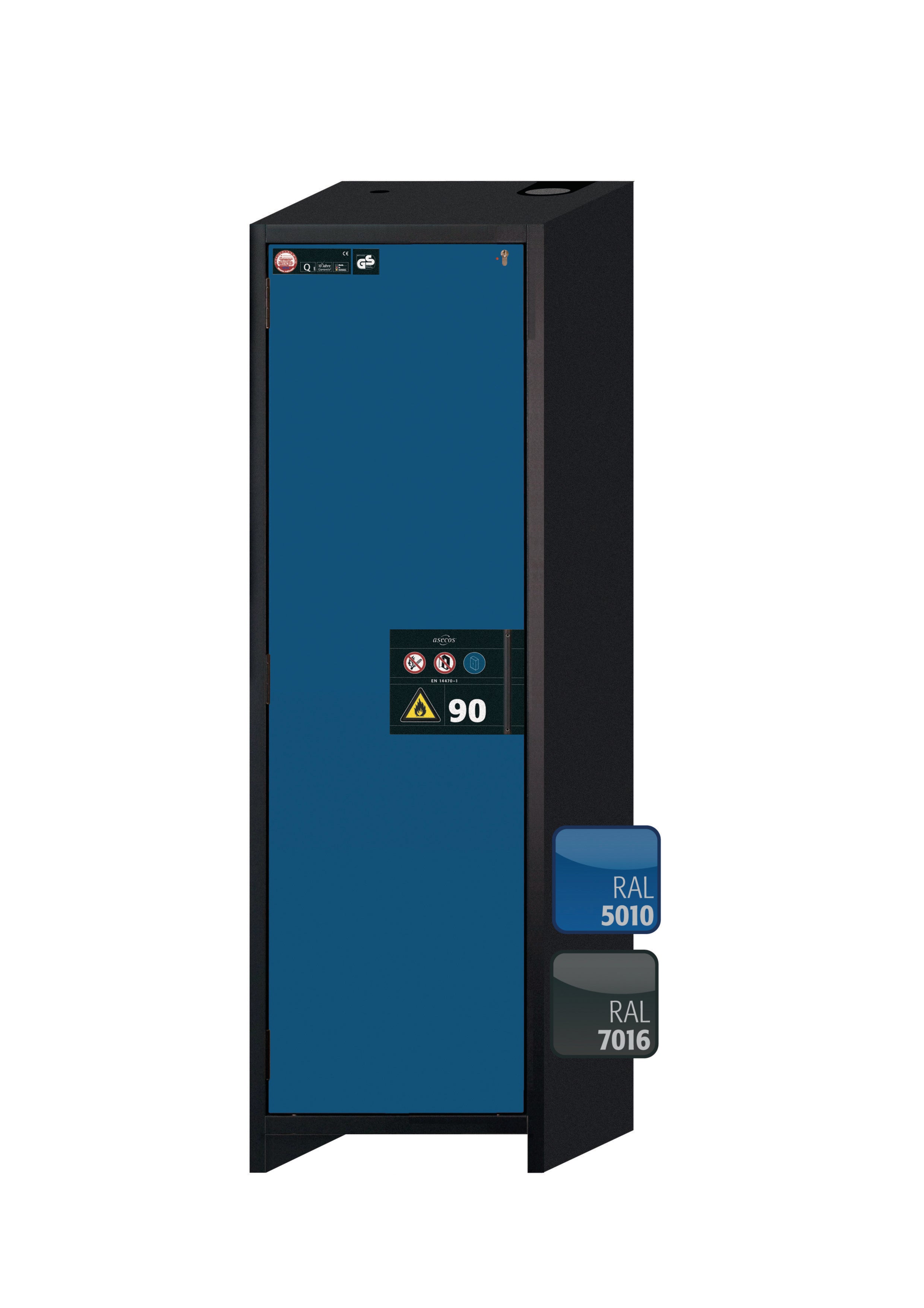 Typ 90 Sicherheitsschrank Q-CLASSIC-90 Modell Q90.195.060 in enzianblau RAL 5010 mit 5x Auszugswanne Standard (Edelstahl 1.4301)