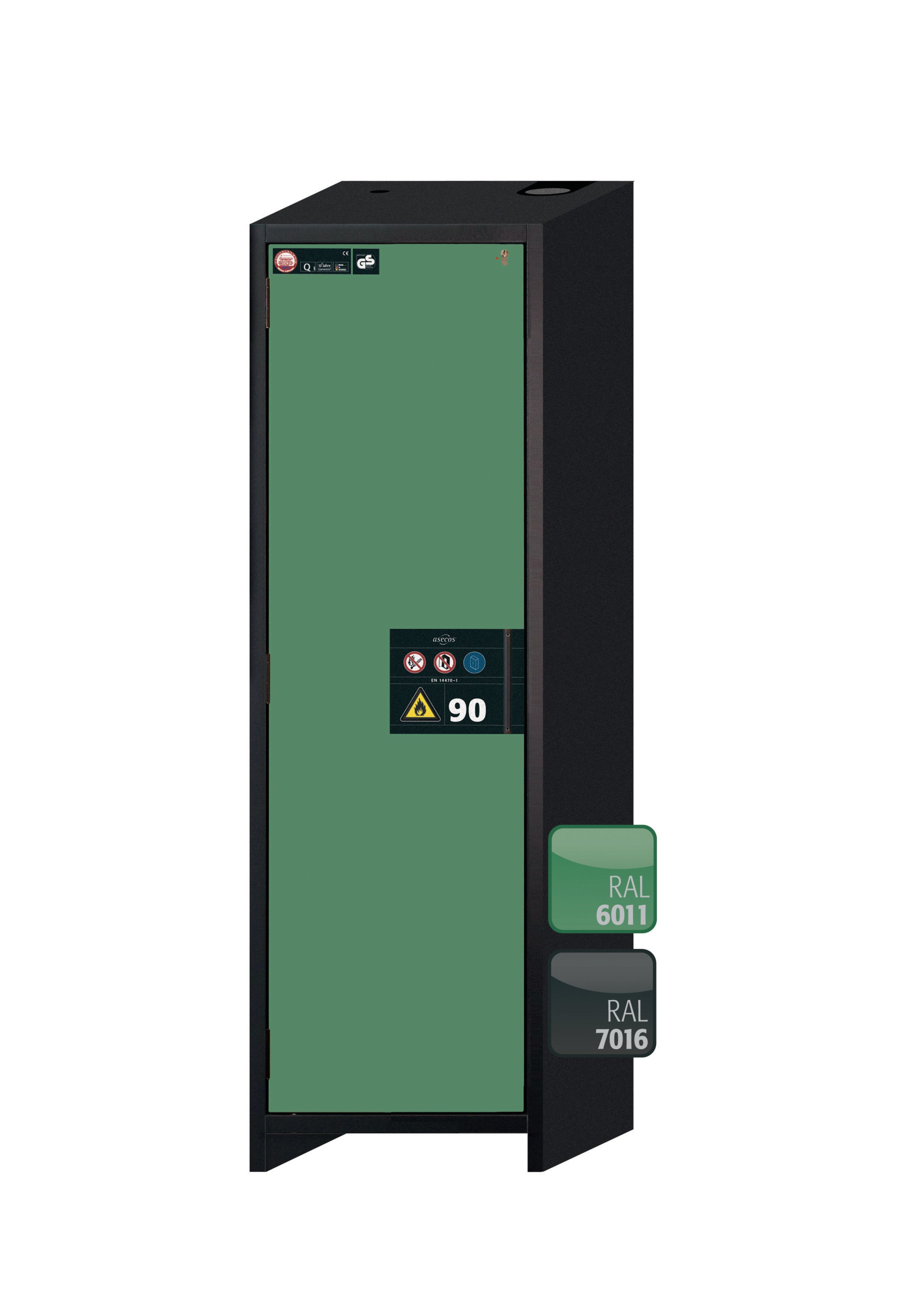 Typ 90 Sicherheitsschrank Q-CLASSIC-90 Modell Q90.195.060 in resedagrün RAL 6011 mit 2x Wannenboden Standard (Stahlblech)