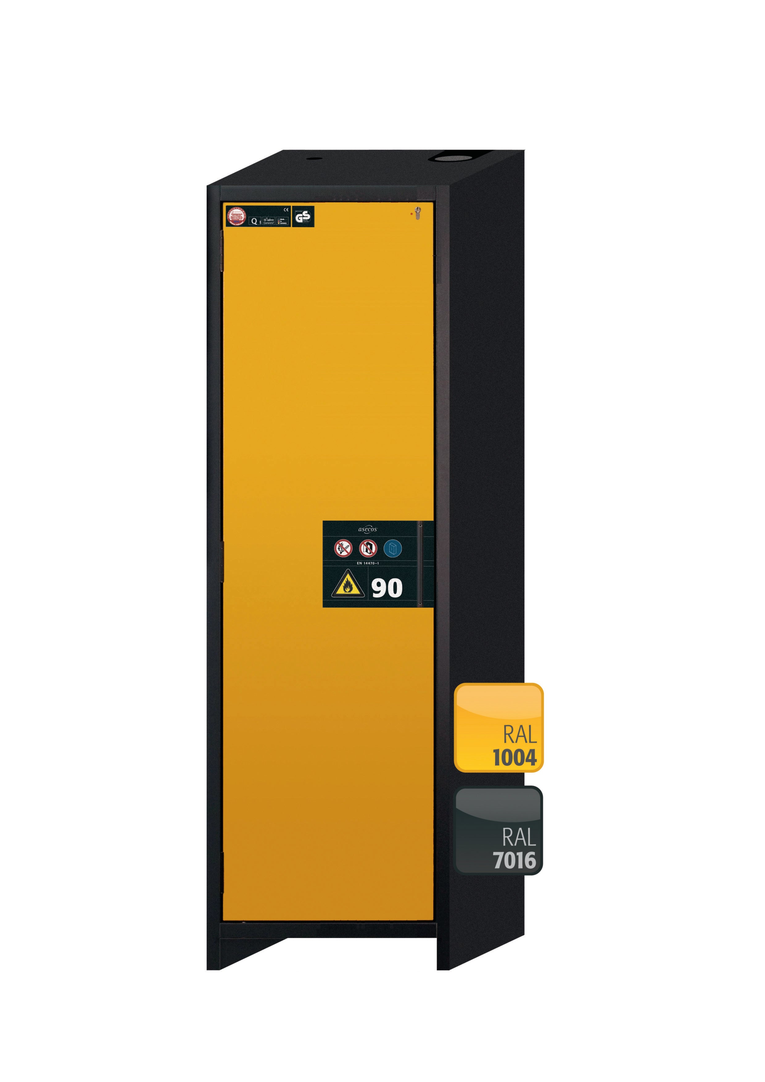 Type 90 safety storage cabinet Q-PEGASUS-90 model Q90.195.060.WDAC in warning yellow RAL 1004 with 5x drawer (standard) (sheet steel),