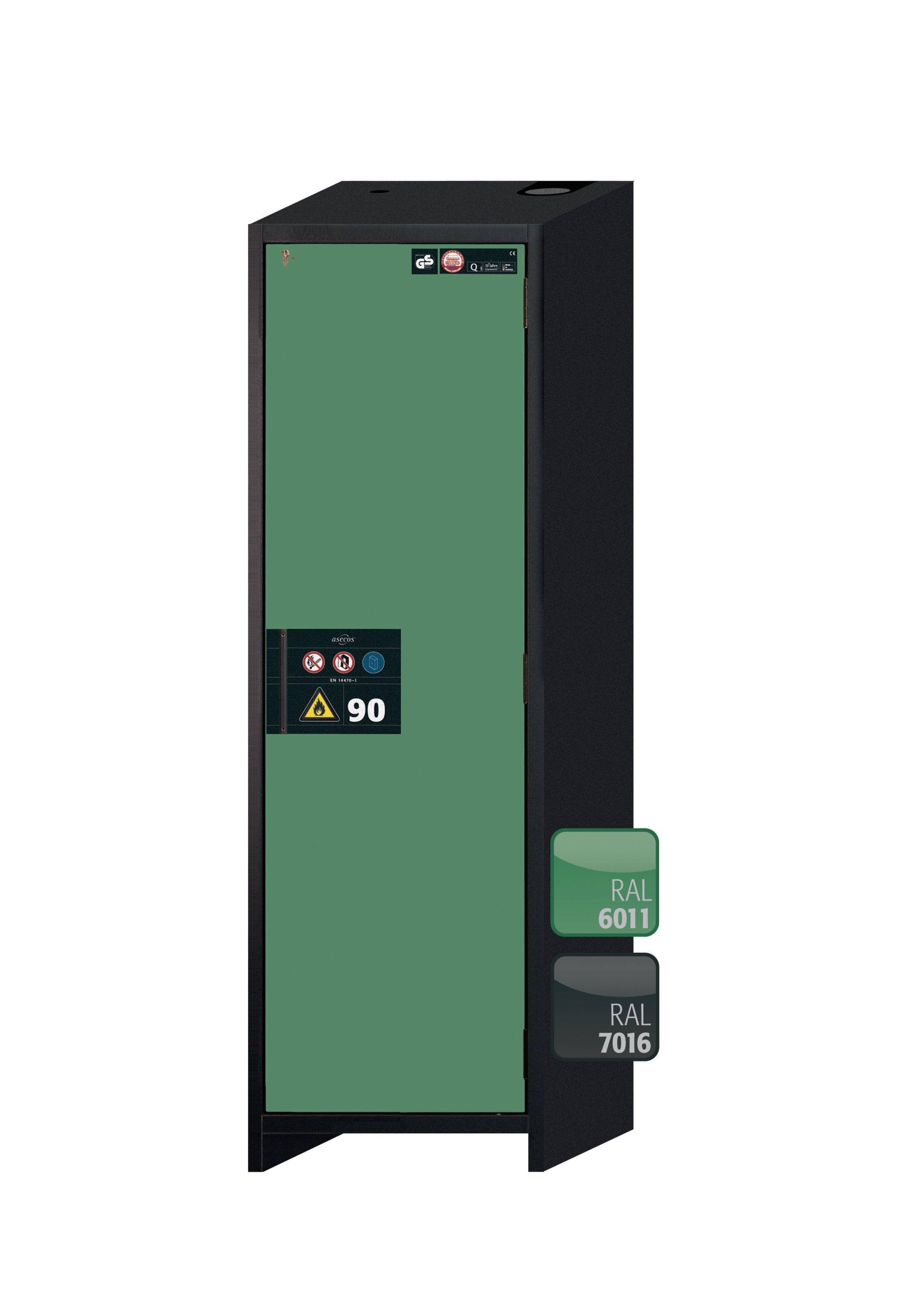 Typ 90 Sicherheitsschrank Q-PEGASUS-90 Modell Q90.195.060.WDACR in resedagrün RAL 6011 mit 5x Auszugswanne Standard (Edelstahl 1.4301)