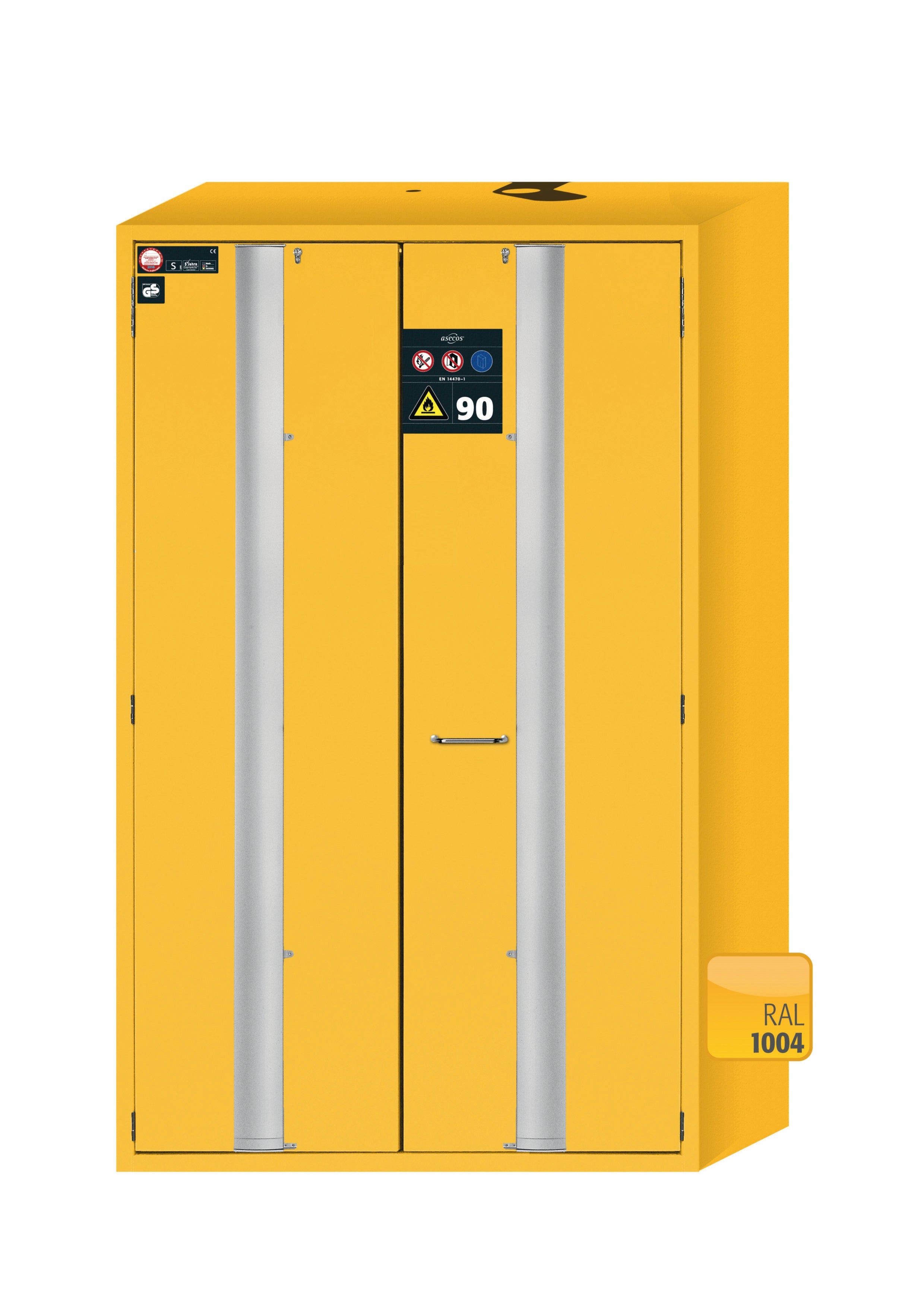 Armoire de sécurité type 90 S-PHOENIX Vol.2-90 modèle S90.196.120.FDAC en jaune de sécurité RAL 1004 avec 2x base de plateau standard (polypropylène)