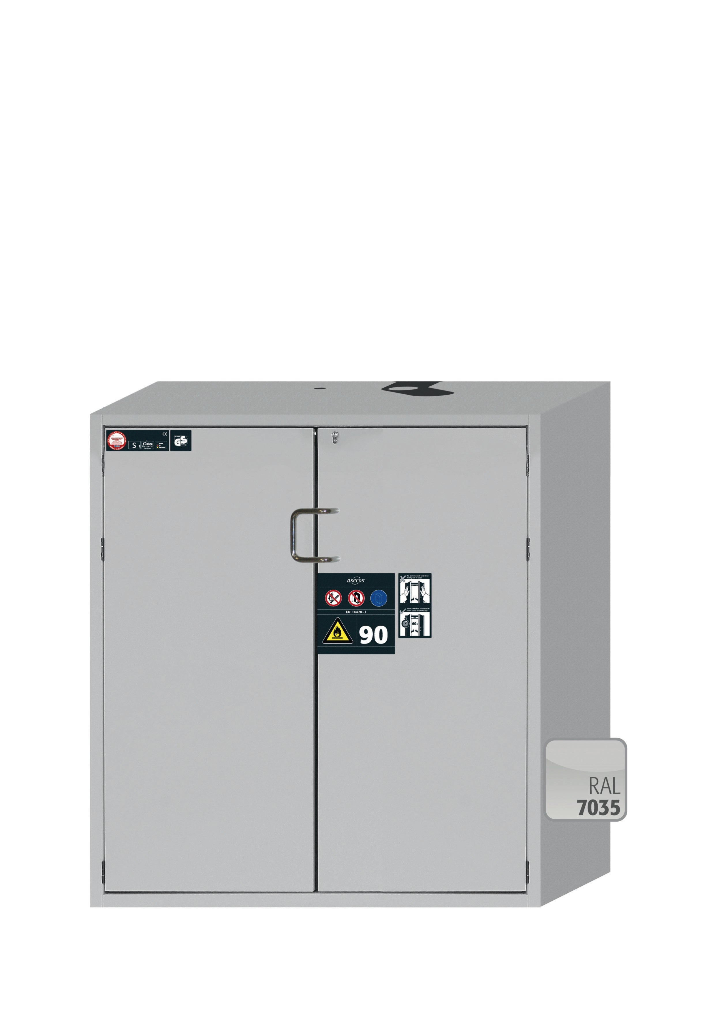 Type 90 safety cabinet S-PEGASUS-90 model S90.129.120.WDAC in light gray RAL 7035 with 3x standard pull-out tray (stainless steel 1.4301)