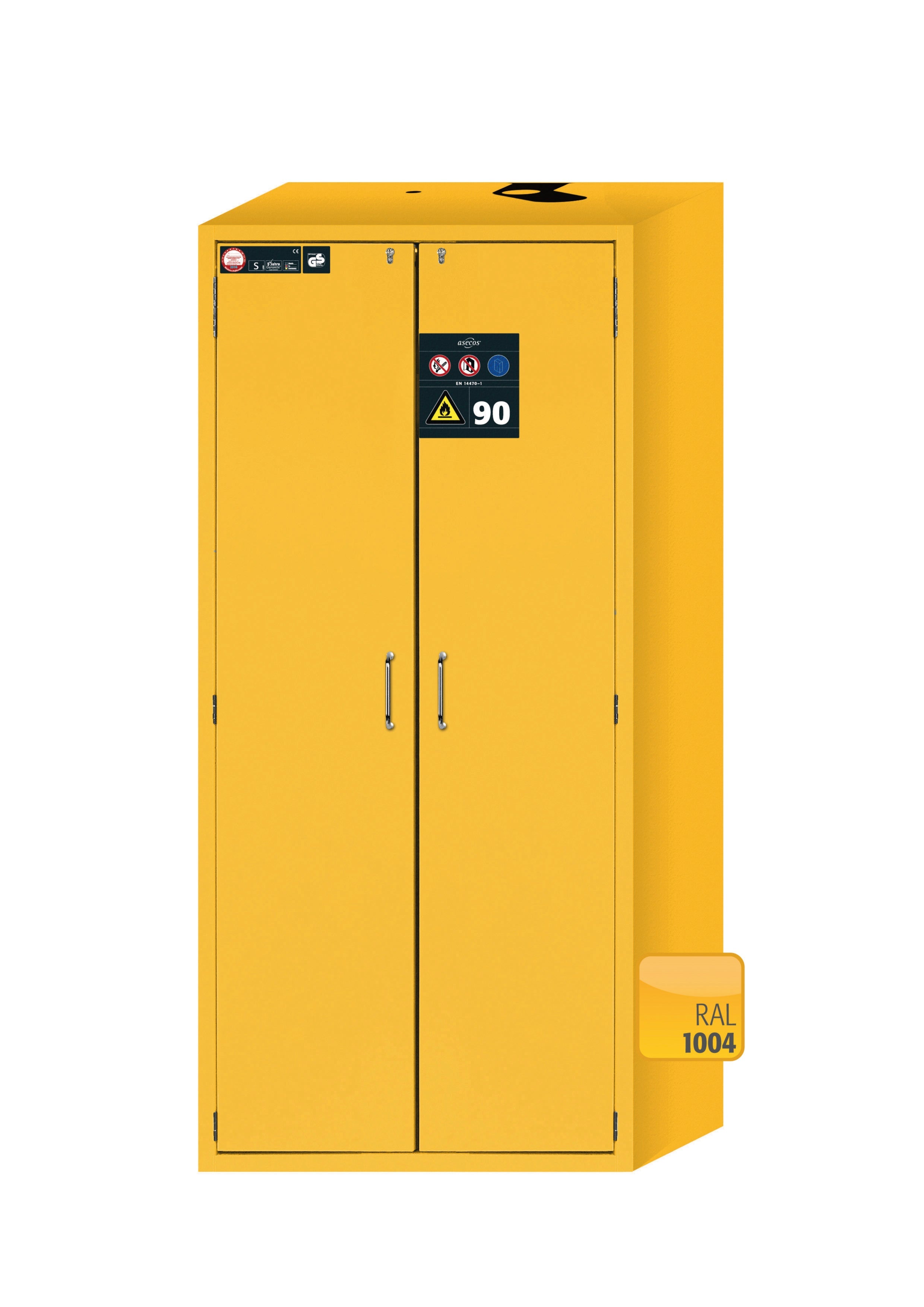 Armoire de sécurité type 90 S-CLASSIC-90 modèle S90.196.090.WDAS en jaune de sécurité RAL 1004 avec 5x plateaux coulissants standard (acier inoxydable 1.4301)