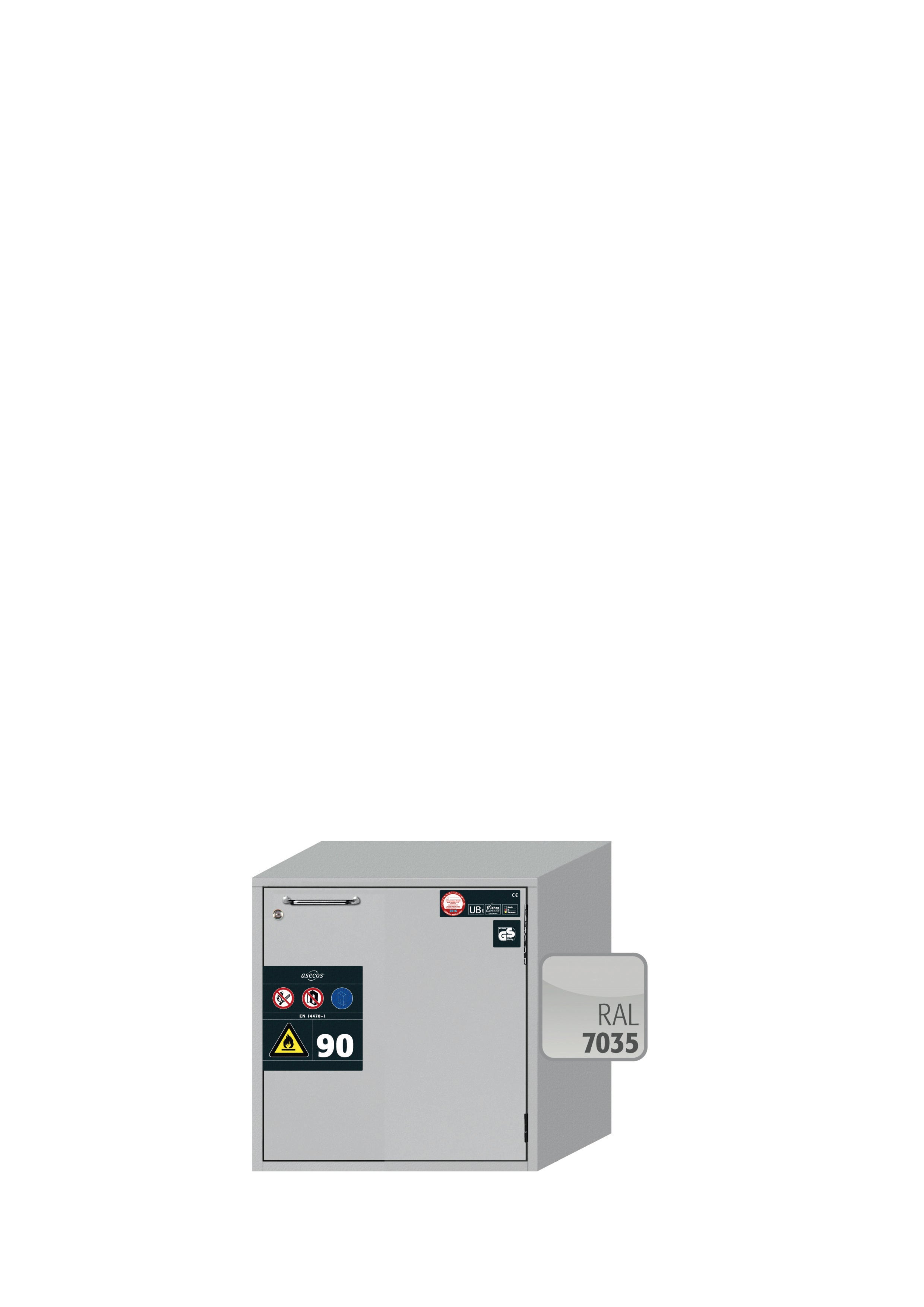 Typ 90 Sicherheitsunterbauschrank UB-T-90 Modell UB90.060.059.TR in lichtgrau RAL 7035 mit 1x Auszugswanne STAWA-R max. Innenhöhe (Edelstahl 1.4404)