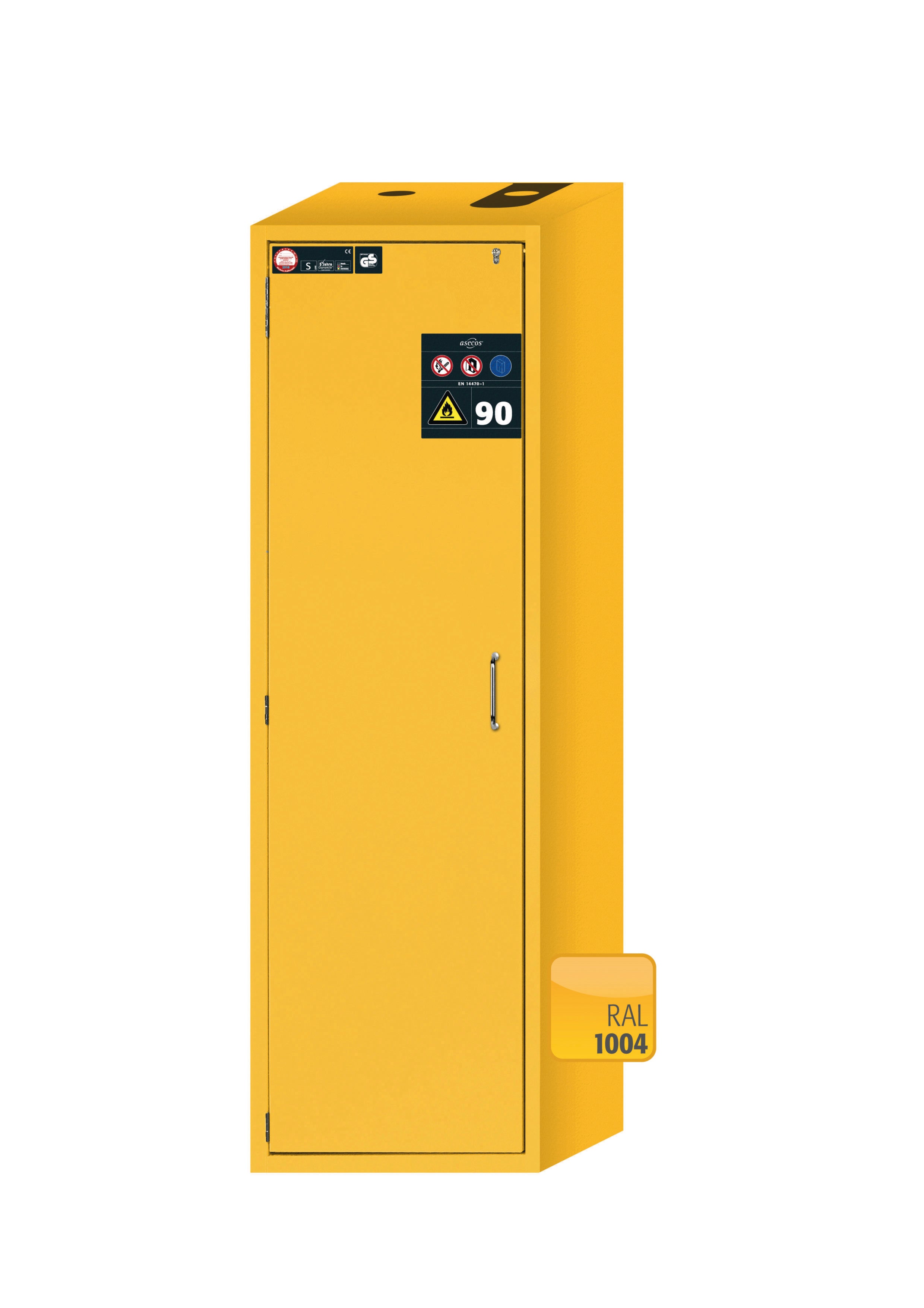 Type 90 safety cabinet S-CLASSIC-90 model S90.196.060.WDAS in safety yellow RAL 1004 with 2x standard pull-out tray (stainless steel 1.4301)