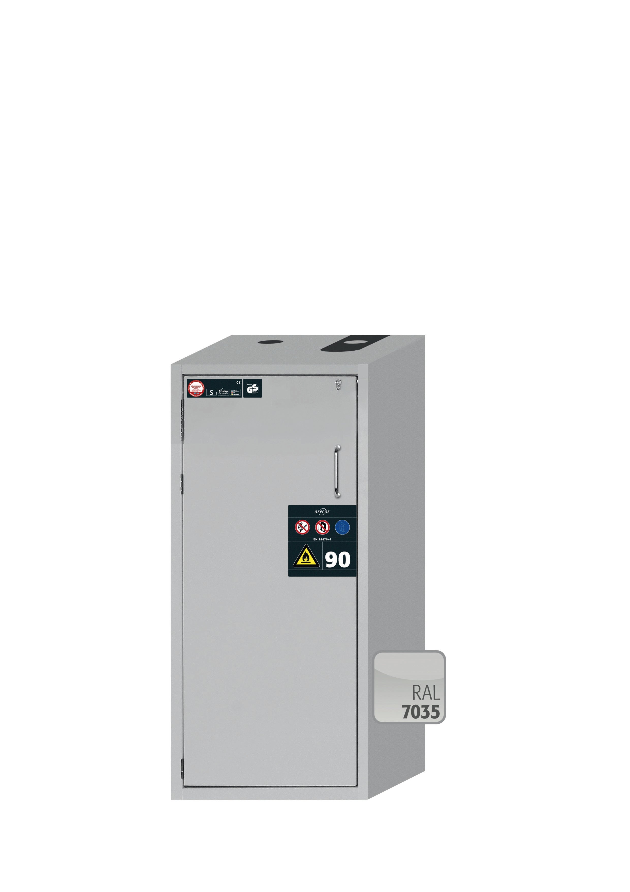 Type 90 safety cabinet S-PEGASUS-90 model S90.129.060.WDAC in light gray RAL 7035 with 3x standard tray base (sheet steel)