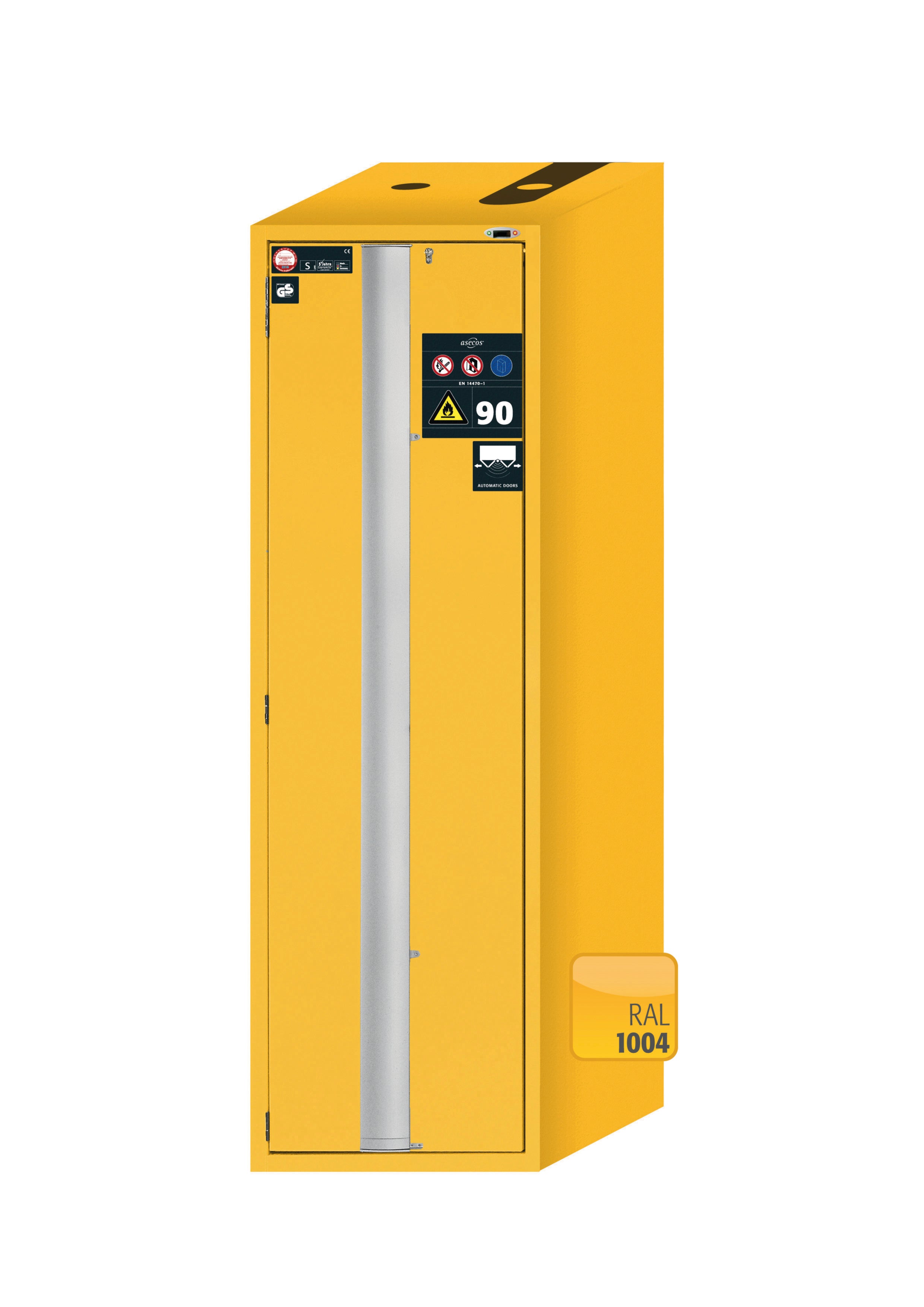 Type 90 safety cabinet S-PHOENIX touchless-90 model S90.196.060.075.FDAO in safety yellow RAL 1004 with 4x standard pull-out tray (sheet steel)