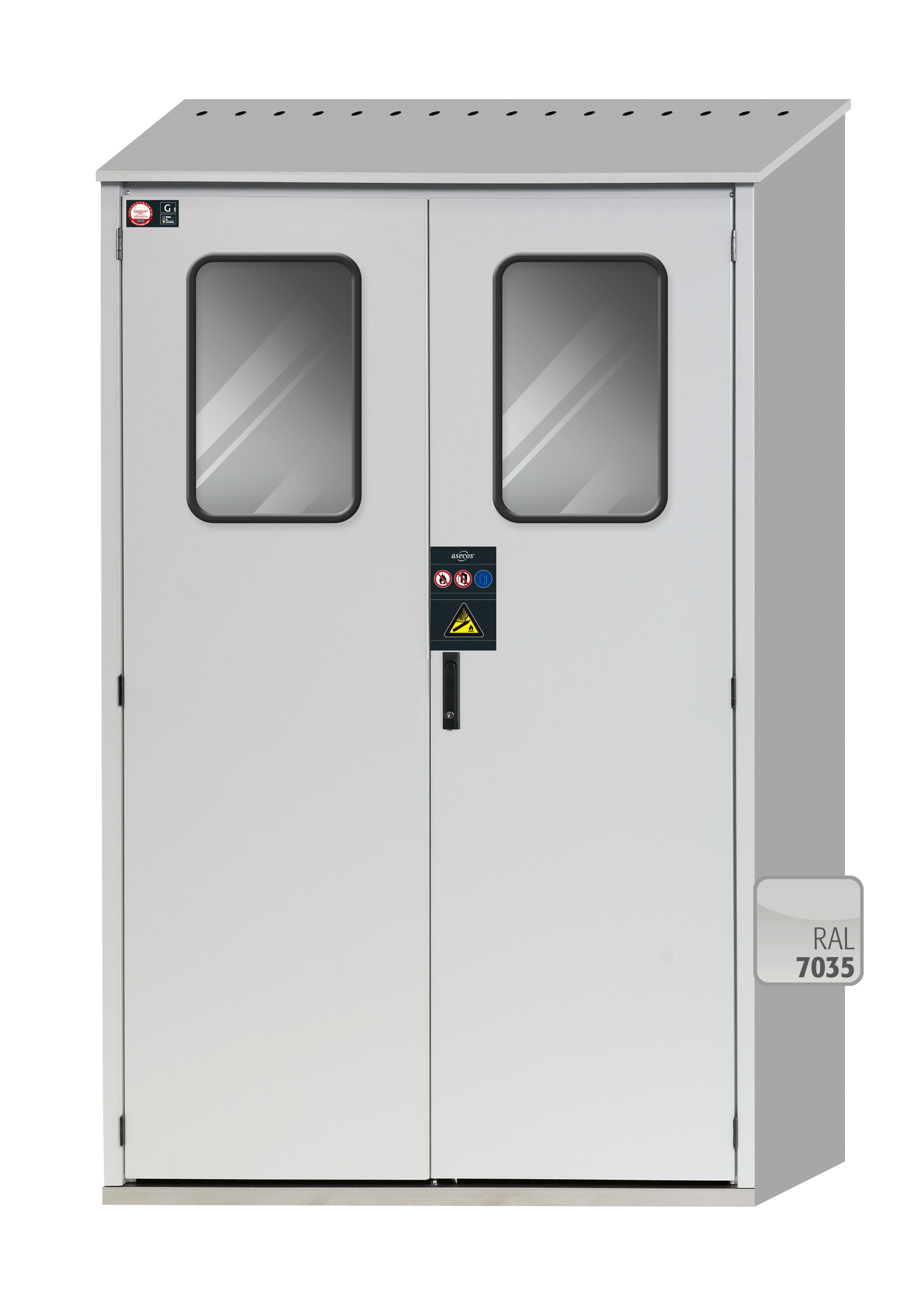 Compressed gas bottle cabinet G-OD model GOD.215.135.WDFW in light gray RAL 7035 with fixed window and equipment package for 5x compressed gas bottles of 50 liters each