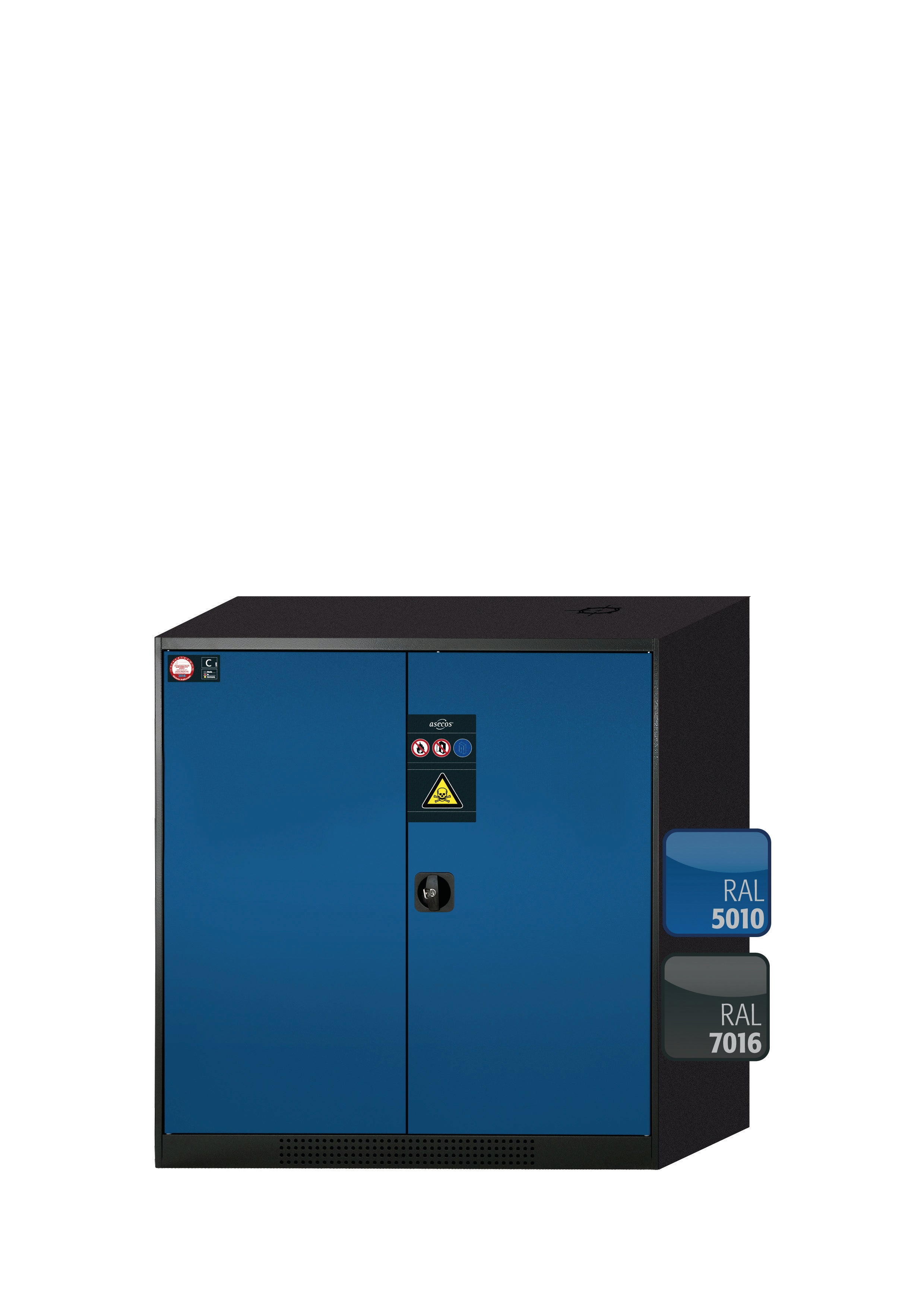 Chemikalienschrank CS-CLASSIC Modell CS.110.105 in enzianblau RAL 5010 mit 2x Tablarauszug AbZ (Stahlblech/Polypropylen)