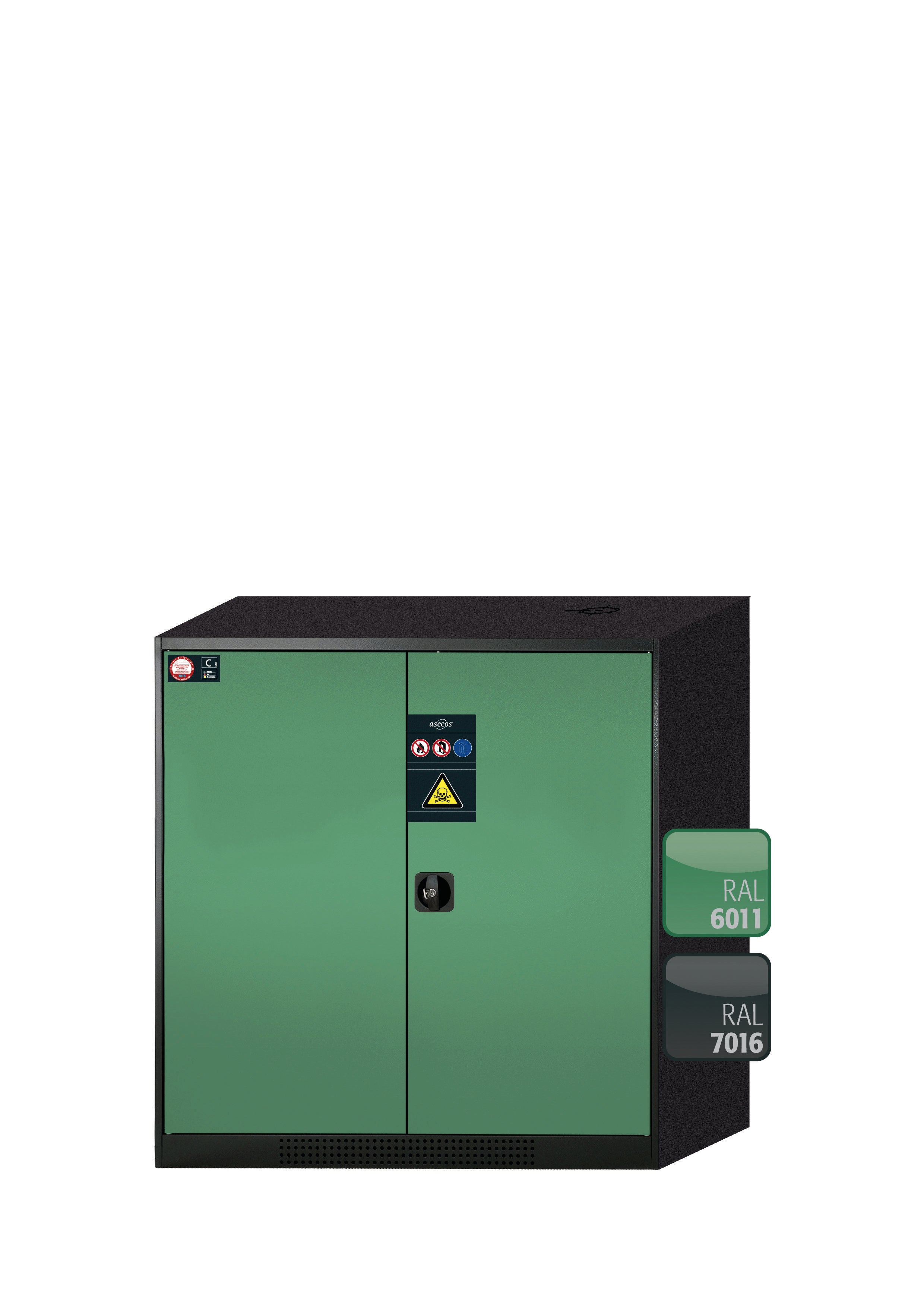 Chemikalienschrank CS-CLASSIC Modell CS.110.105 in resedagrün RAL 6011 mit 2x Fachboden Standard (Stahlblech)
