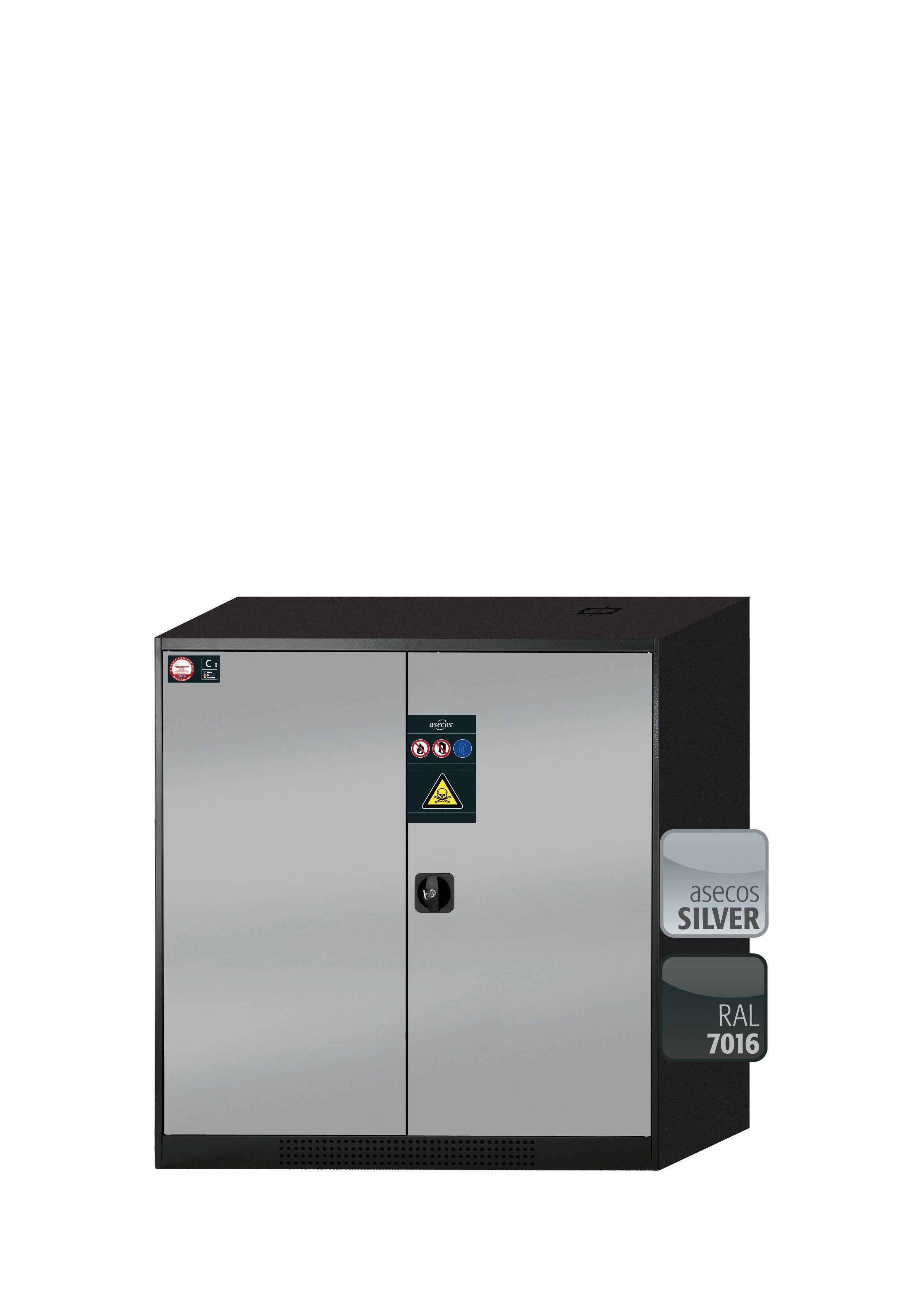 Chemikalienschrank CS-CLASSIC Modell CS.110.105 in asecos Silber mit 2x Tablarauszug AbZ (Stahlblech/Polypropylen)