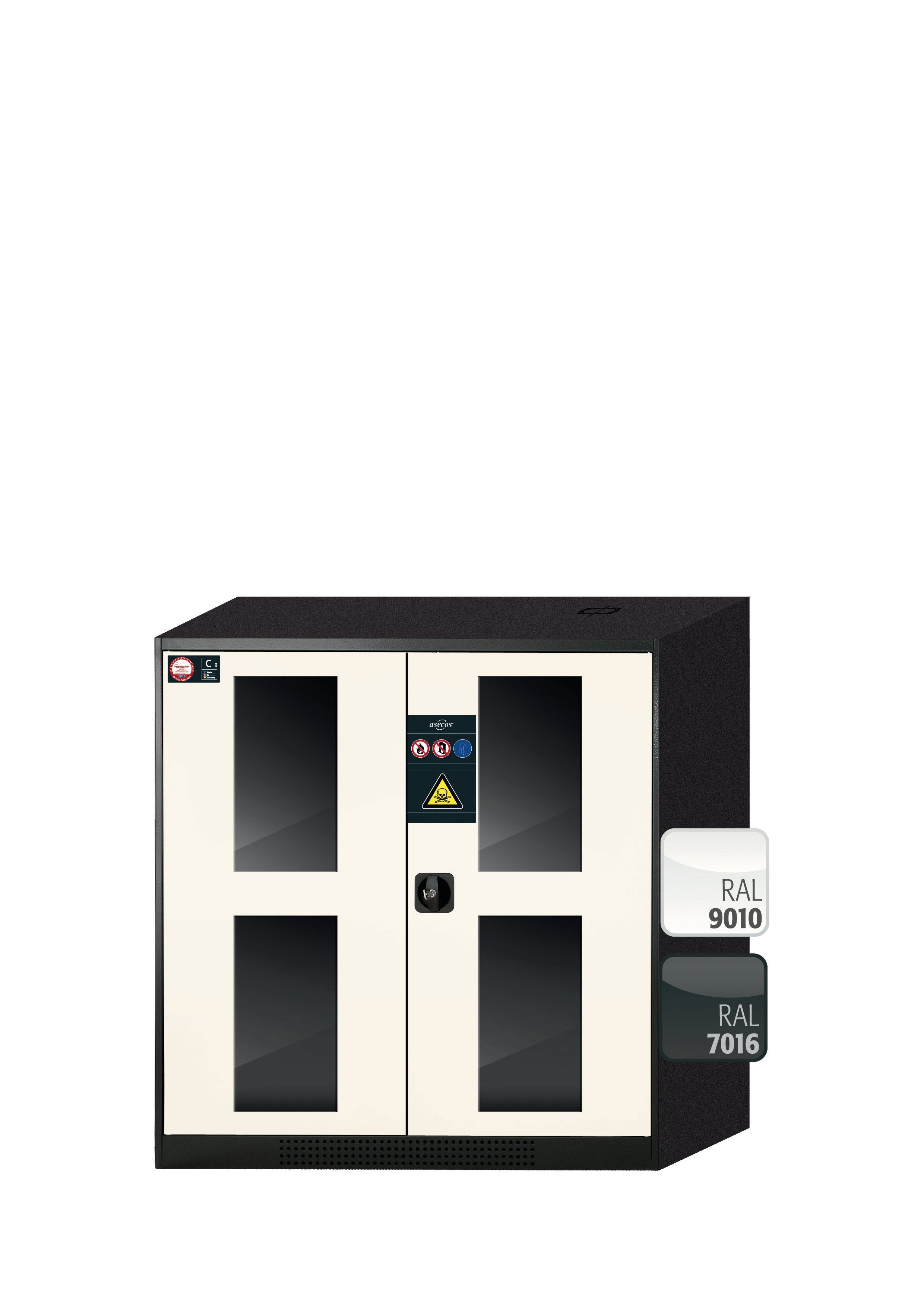 Chemikalienschrank CS-CLASSIC-G Modell CS.110.105.WDFW in reinweiss RAL 9010 mit 2x Fachboden Standard (Stahlblech)
