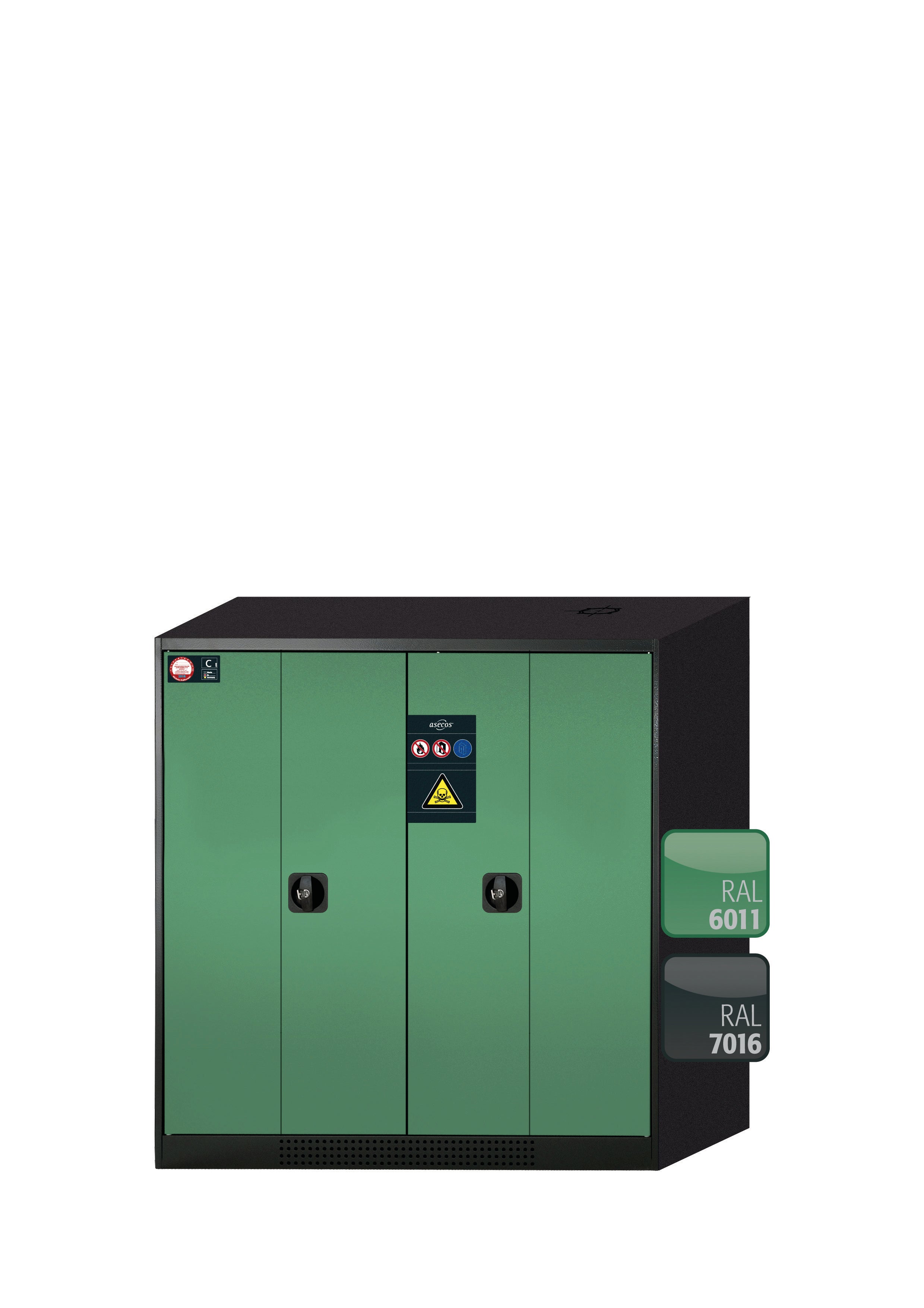 Chemikalienschrank CS-PHOENIX Modell CS.110.105.FD in resedagrün RAL 6011 mit 2x Fachboden Standard (Stahlblech)