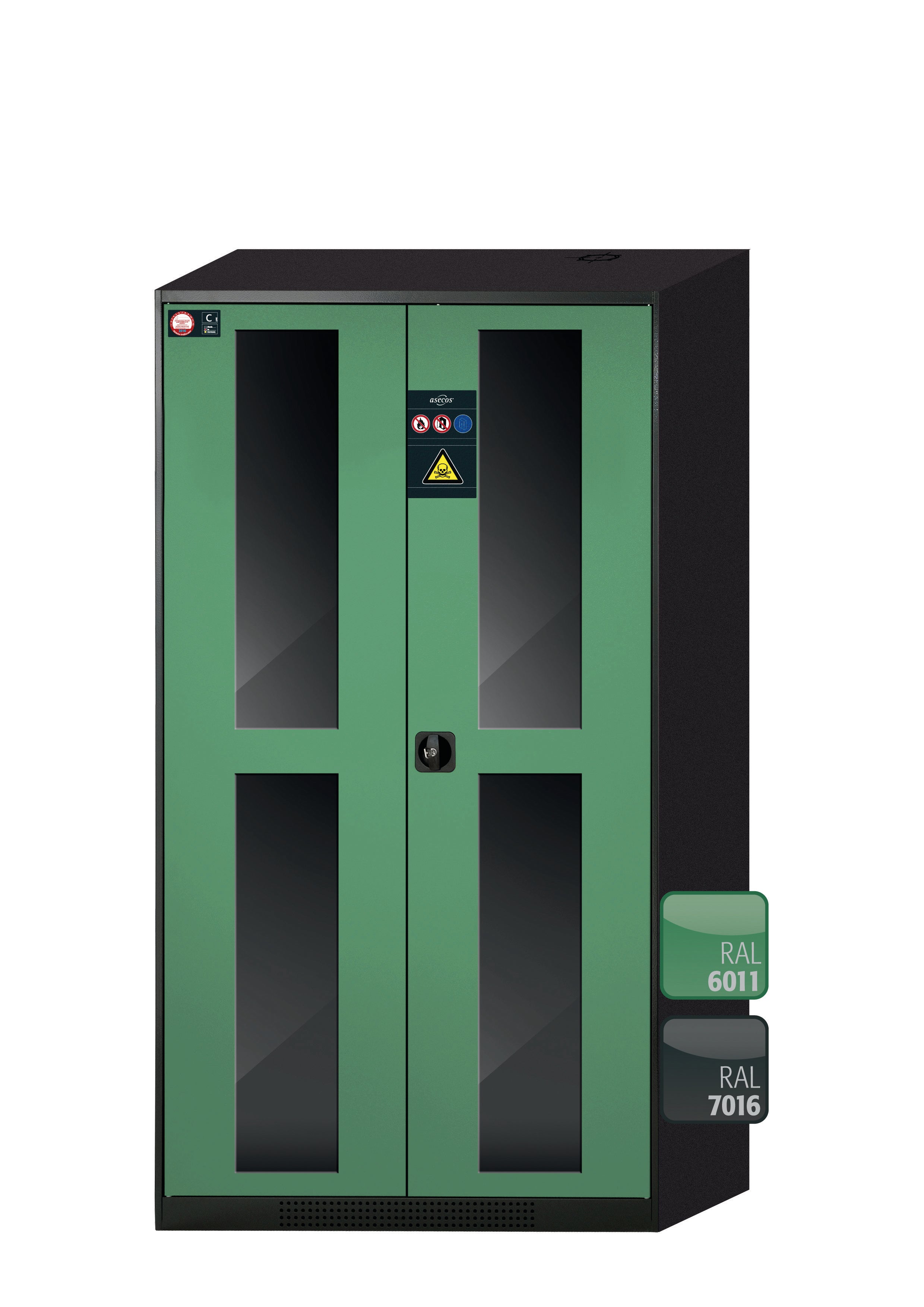 Chemikalienschrank CS-CLASSIC-G Modell CS.195.105.WDFW in resedagrün RAL 6011 mit 6x Tablarauszug AbZ (Stahlblech/Polypropylen)