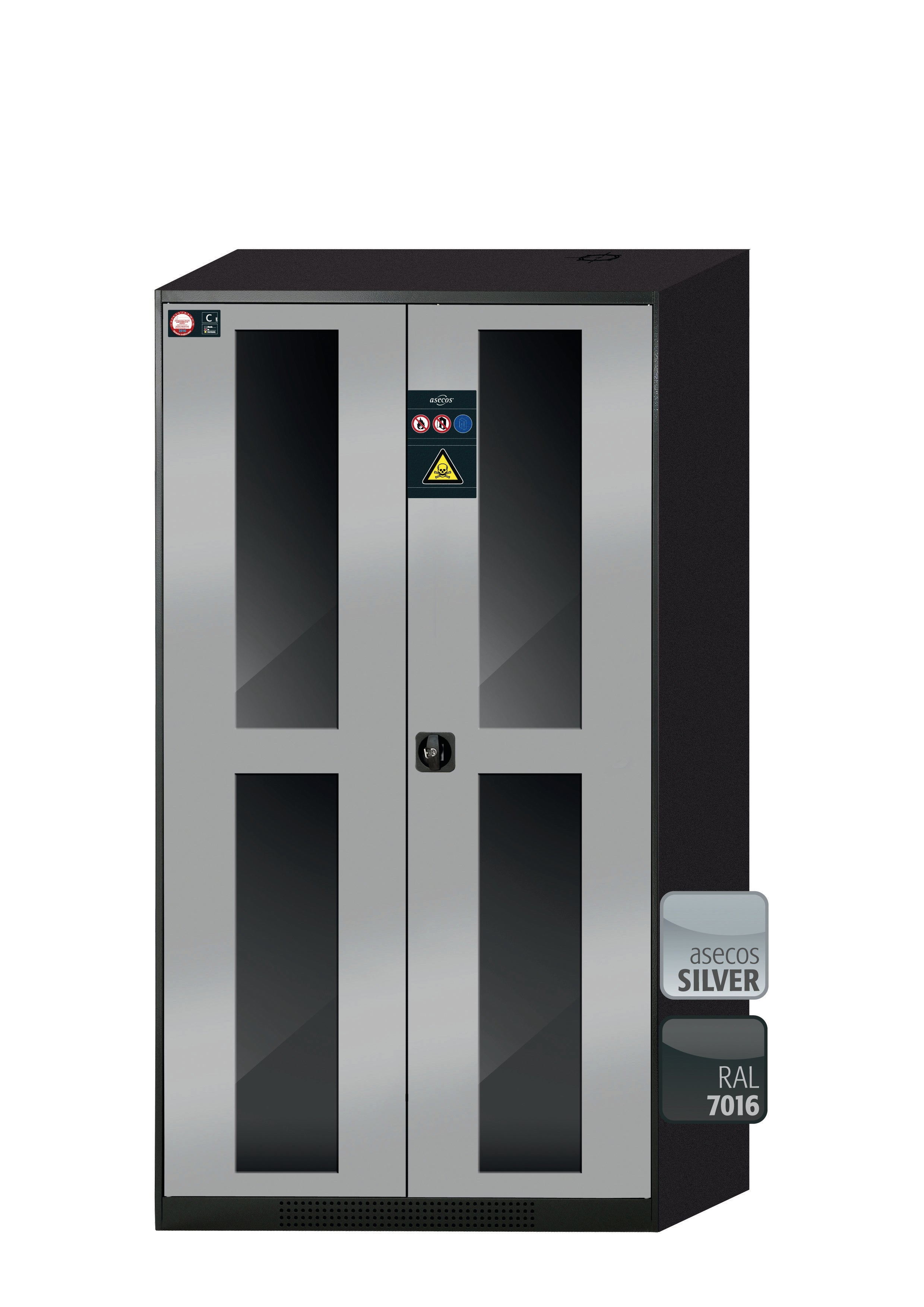 Chemikalienschrank CS-CLASSIC-G Modell CS.195.105.WDFW in asecos Silber mit 6x Tablarauszug AbZ (Stahlblech/Polypropylen)