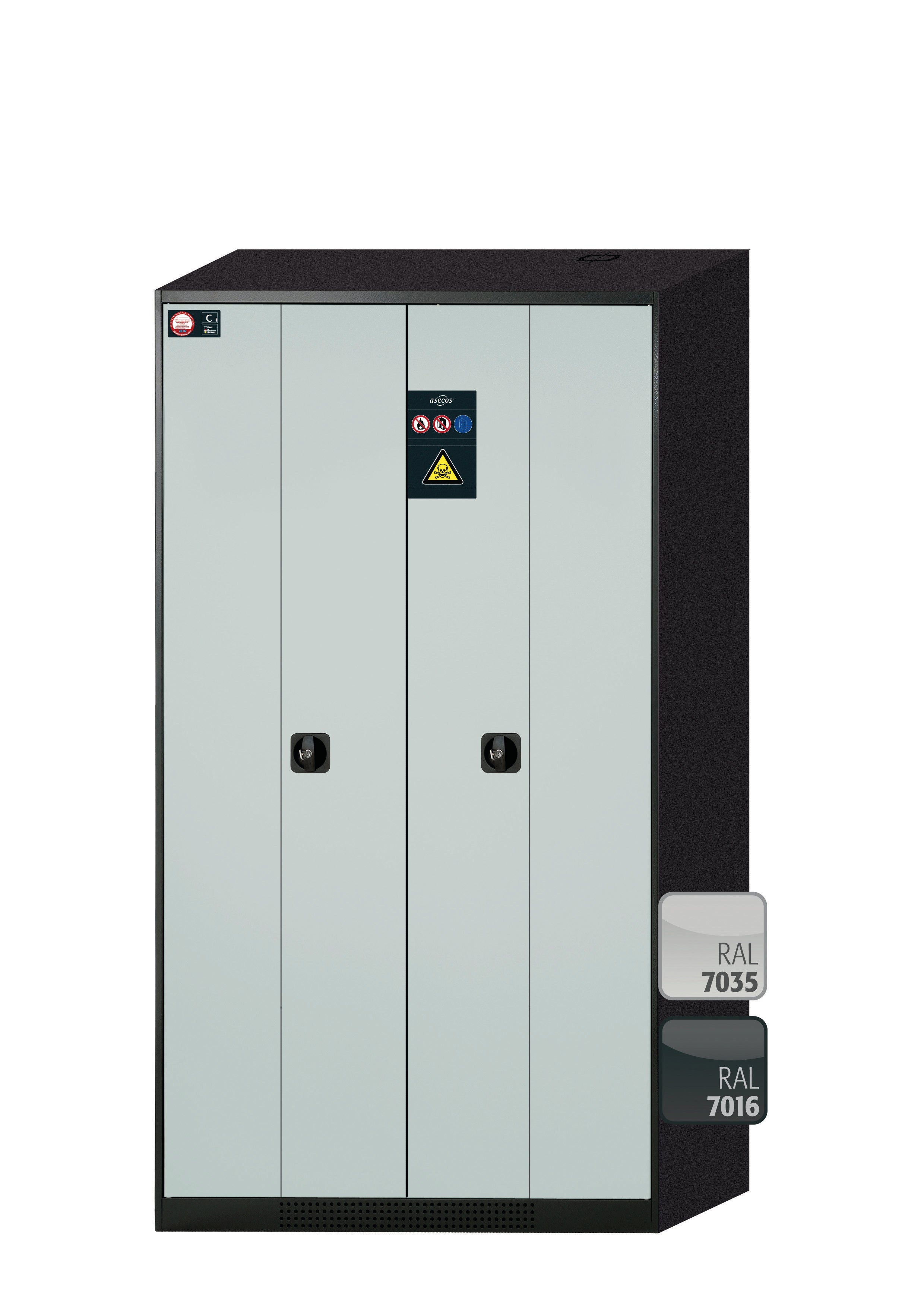 Chemikalienschrank CS-PHOENIX Modell CS.195.105.FD in lichtgrau RAL 7035 mit 4x Tablarauszug AbZ (Stahlblech/Polypropylen)