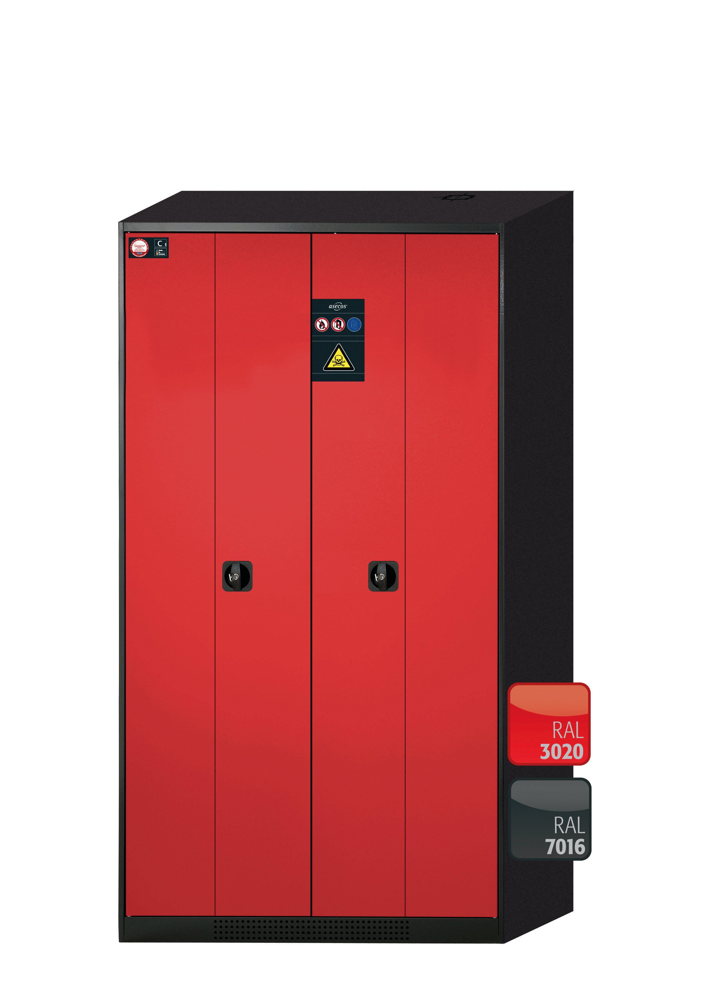 Chemikalienschrank CS-PHOENIX Modell CS.195.105.FD in verkehrsrot RAL 3020 mit 6x Tablarauszug AbZ (Stahlblech/Polypropylen)