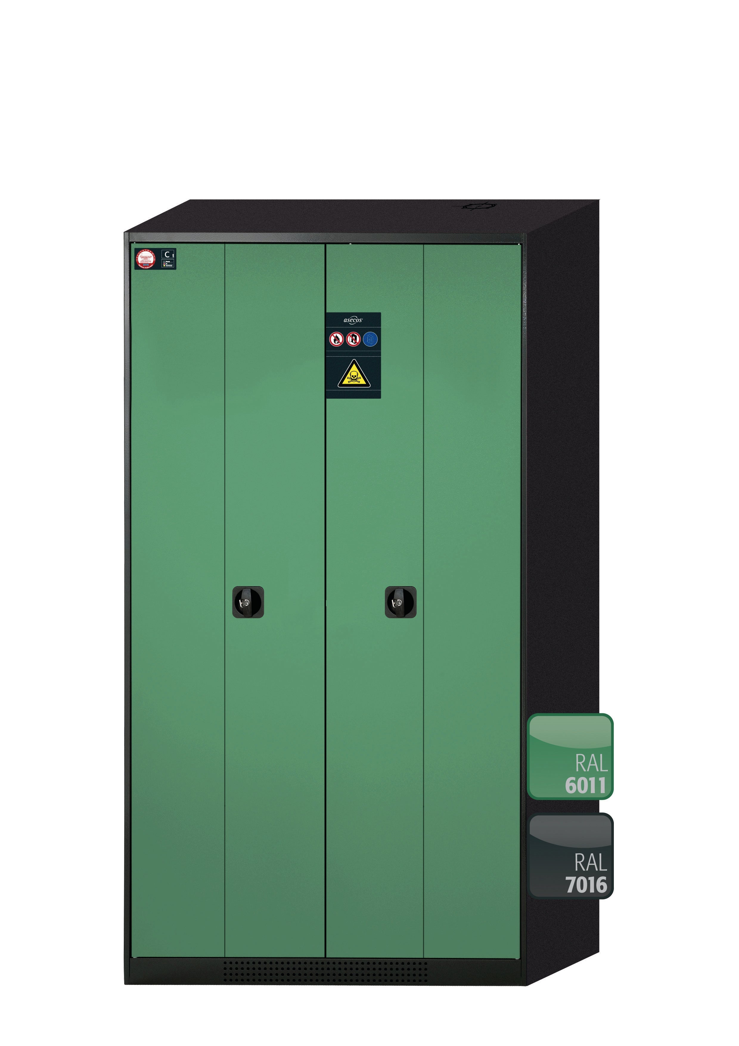 Chemikalienschrank CS-PHOENIX Modell CS.195.105.FD in resedagrün RAL 6011 mit 4x Tablarauszug AbZ (Stahlblech/Polypropylen)