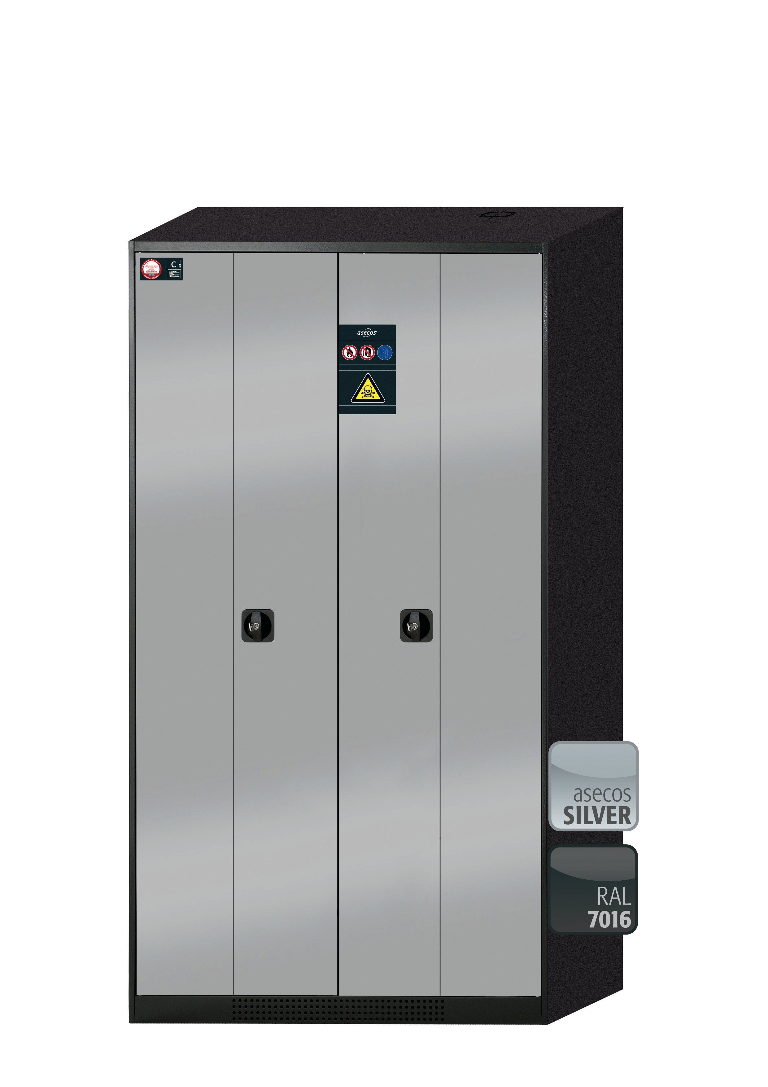 Chemikalienschrank CS-PHOENIX Modell CS.195.105.FD in asecos Silber mit 3x Fachboden Standard (Stahlblech)