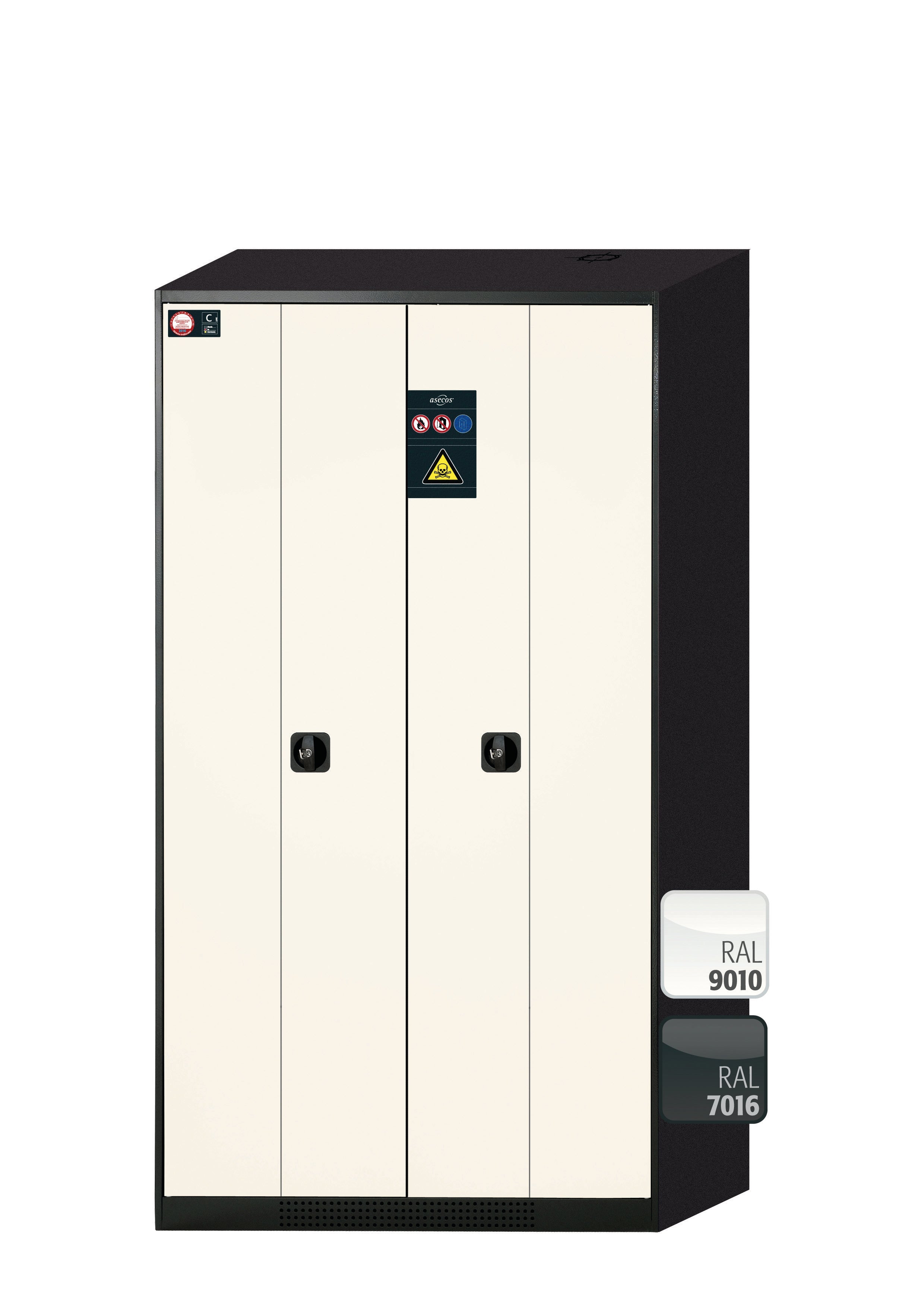 Chemikalienschrank CS-PHOENIX Modell CS.195.105.FD in reinweiss RAL 9010 mit 4x Tablarauszug AbZ (Stahlblech/Polypropylen)
