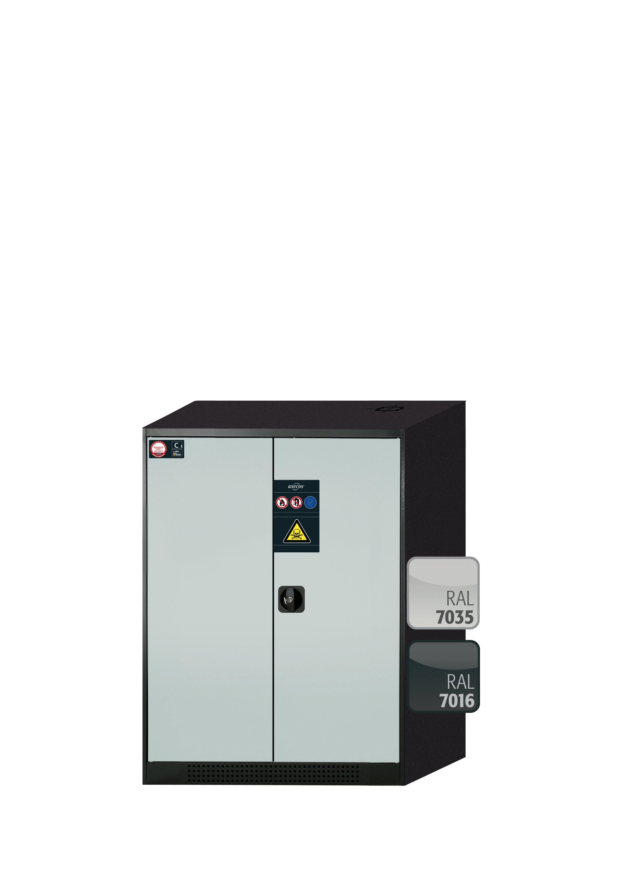 Chemikalienschrank CS-CLASSIC Modell CS.110.081 in lichtgrau RAL 7035 mit 2x Tablarauszug AbZ (Stahlblech/Polypropylen)