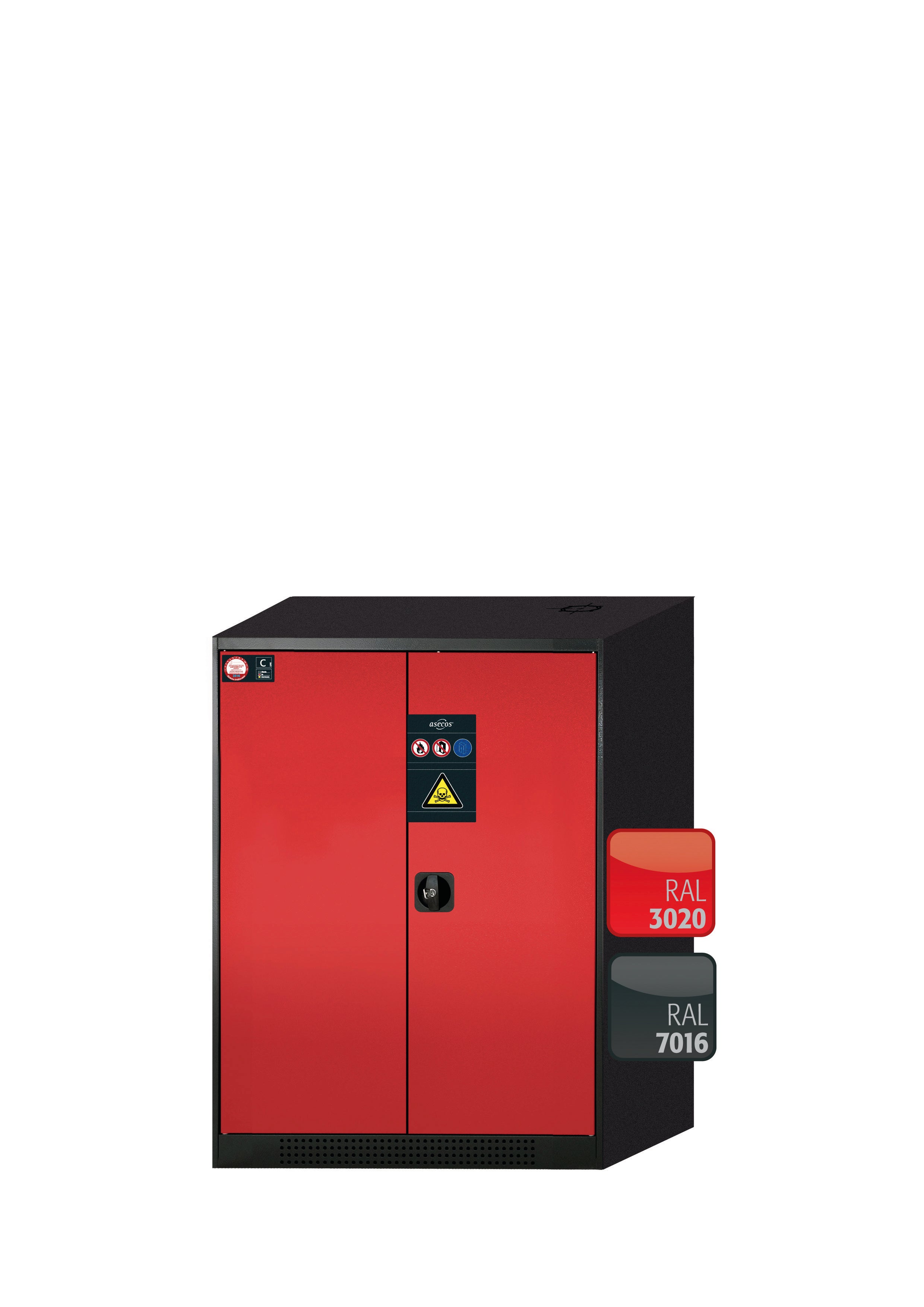 Chemical cabinet CS-CLASSIC model CS.110.081 in traffic red RAL 3020 with 2x standard shelves (sheet steel)