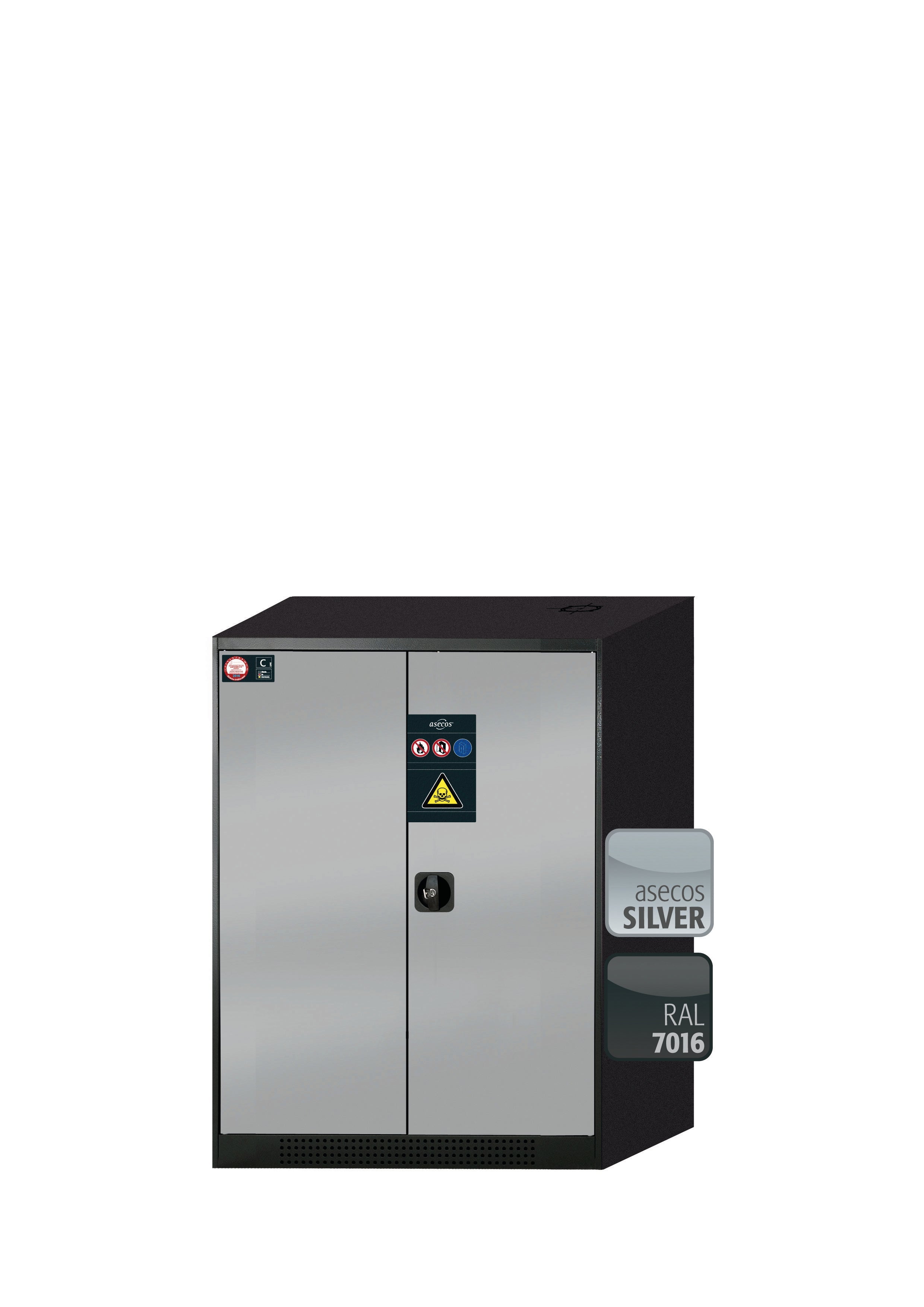 Chemikalienschrank CS-CLASSIC Modell CS.110.081 in asecos Silber mit 2x Fachboden Standard (Stahlblech)