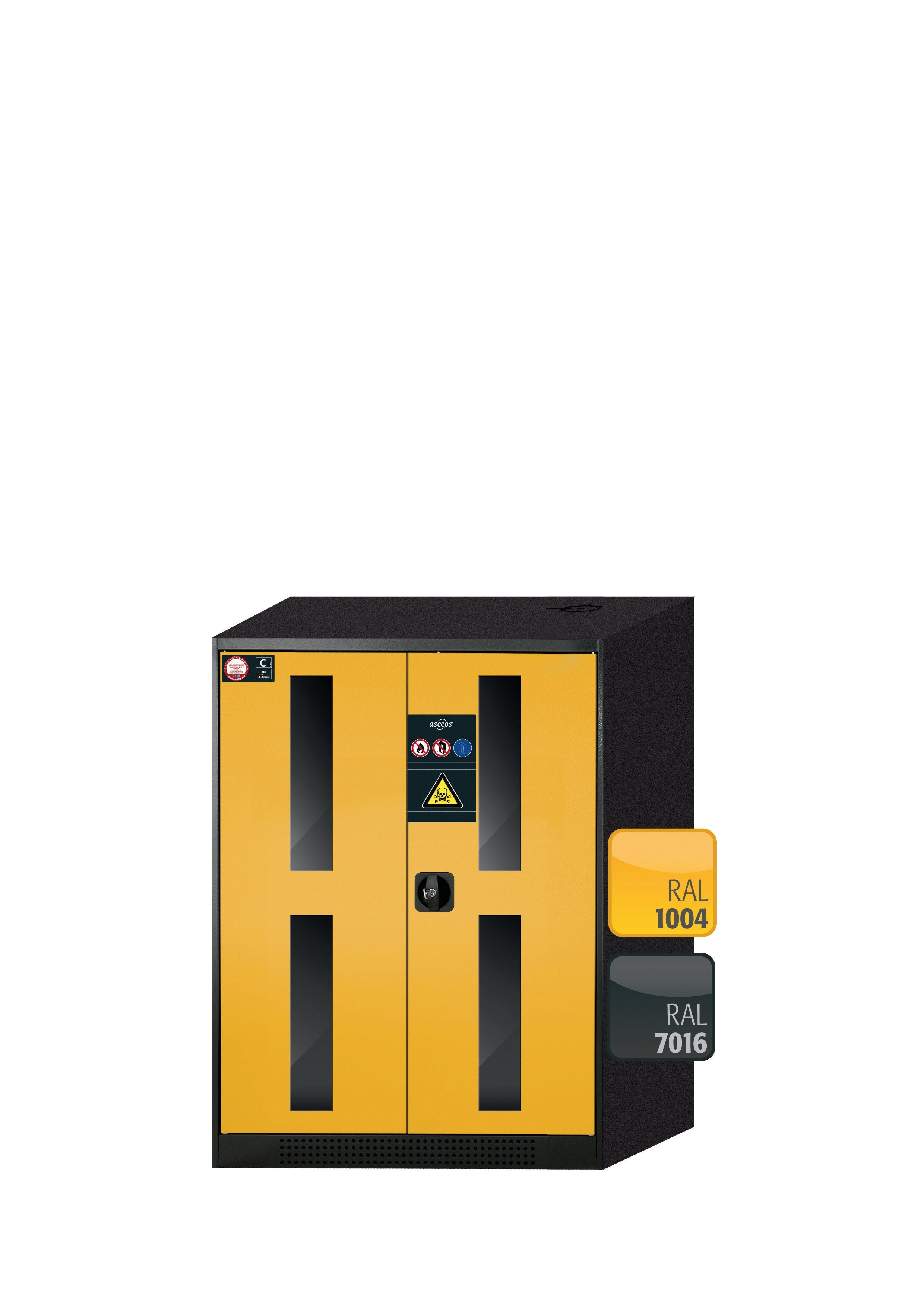 Chemikalienschrank CS-CLASSIC-G Modell CS.110.081.WDFW in sicherheitsgelb RAL 1004 mit 2x Tablarauszug AbZ (Stahlblech/Polypropylen)