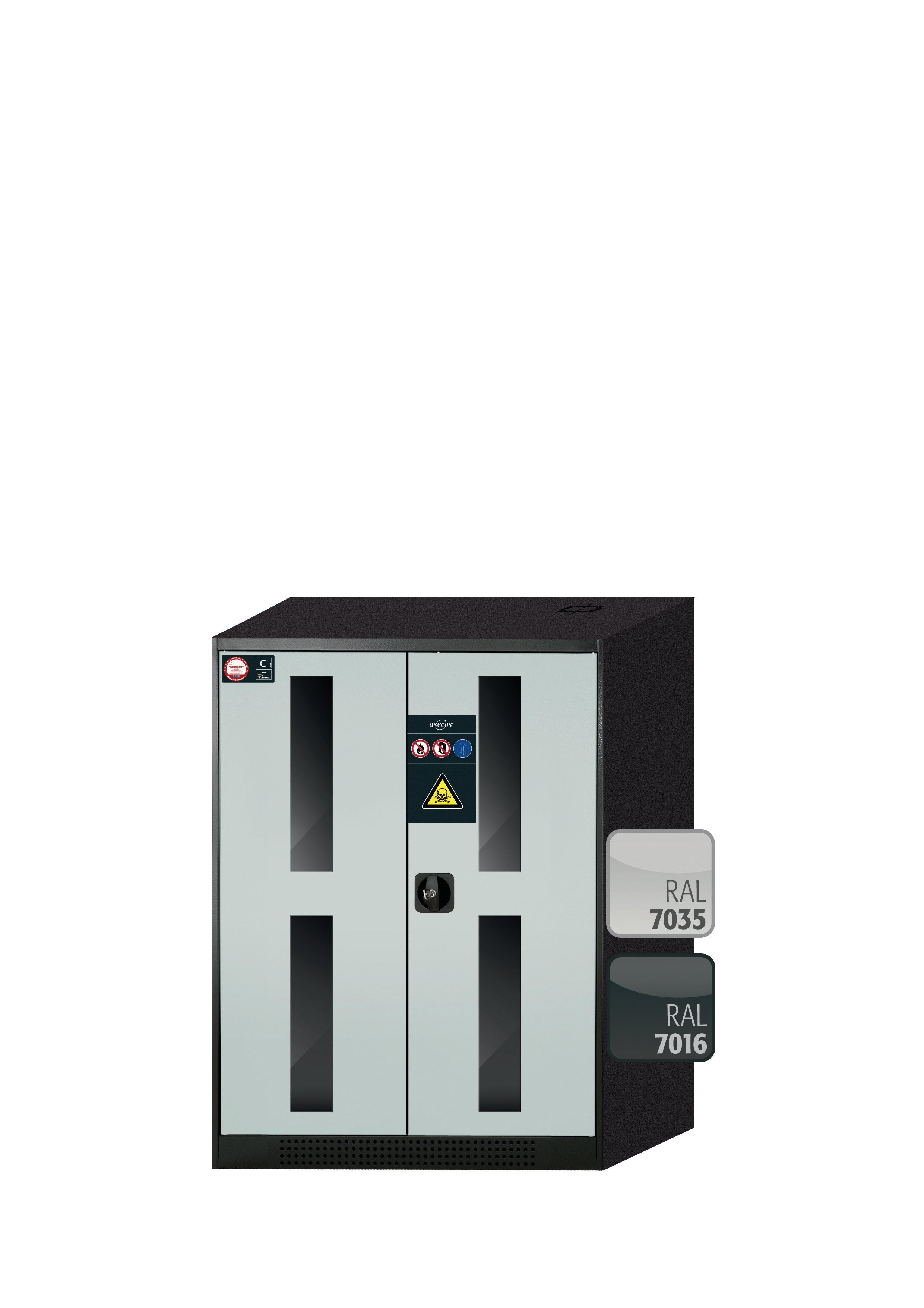 Chemikalienschrank CS-CLASSIC-G Modell CS.110.081.WDFW in lichtgrau RAL 7035 mit 2x Tablarauszug AbZ (Stahlblech/Polypropylen)