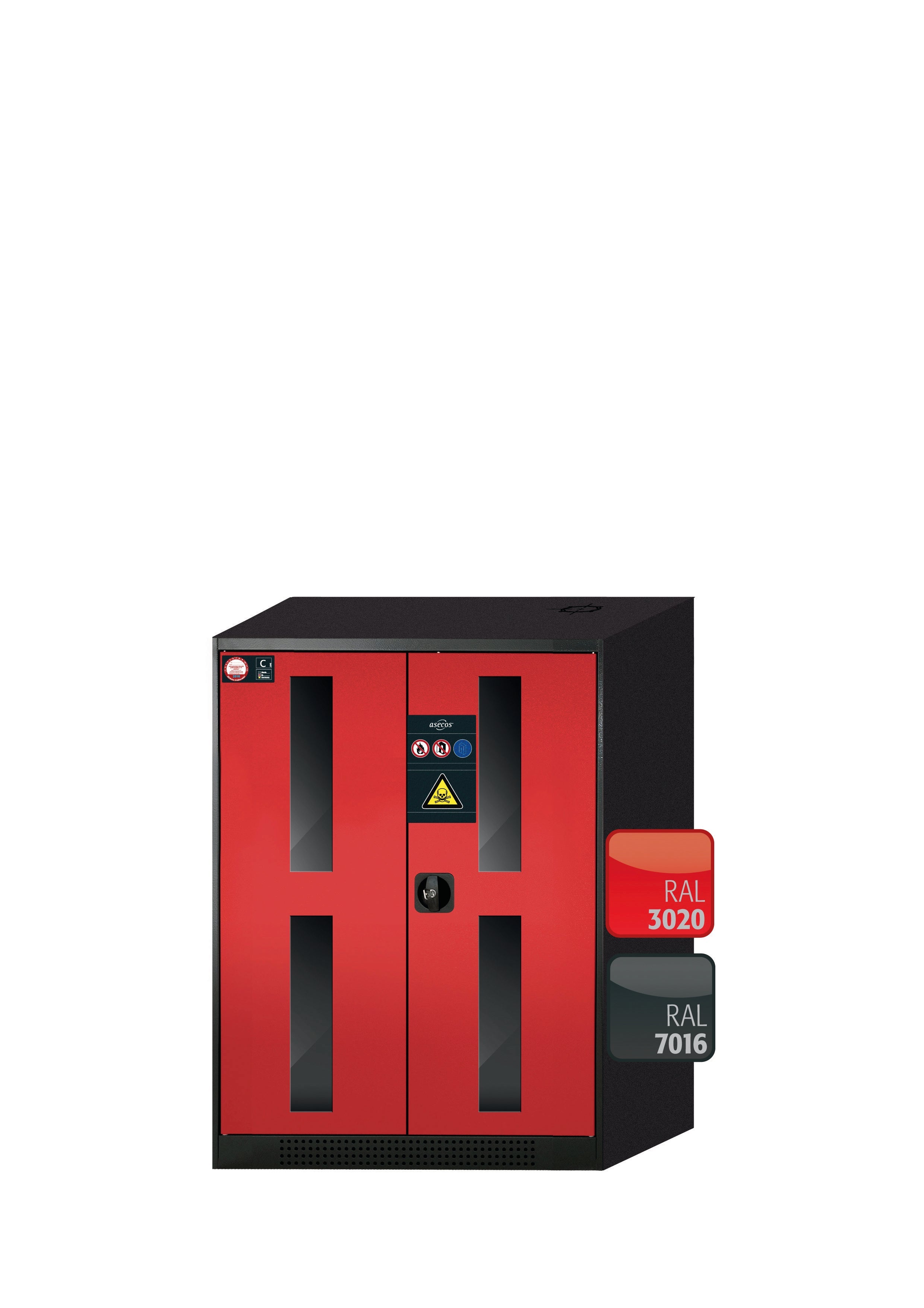 Chemical cabinet CS-CLASSIC-G model CS.110.081.WDFW in traffic red RAL 3020 with 2x AbZ pull-out shelves (sheet steel/polypropylene)
