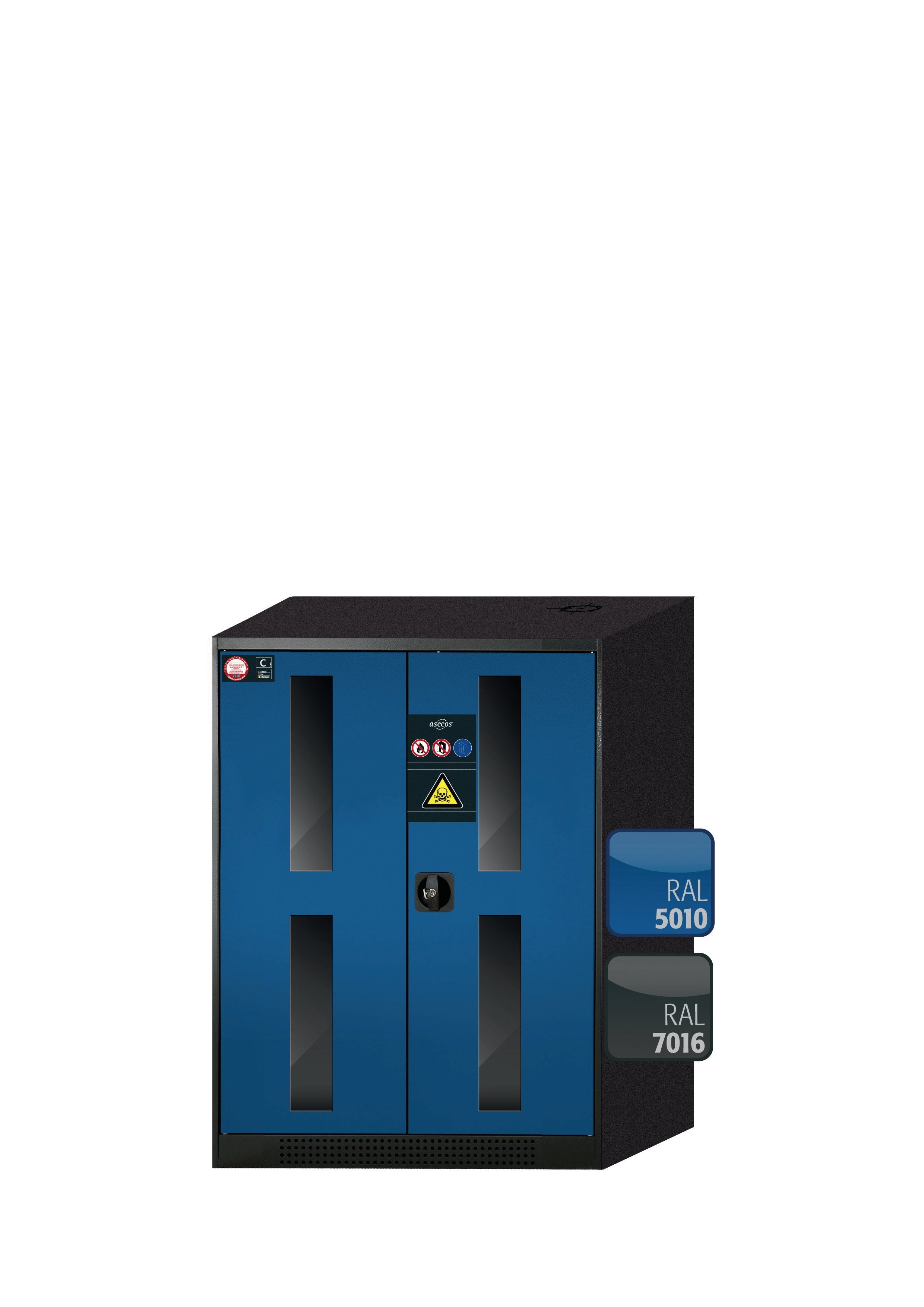 Chemical cabinet CS-CLASSIC-G model CS.110.081.WDFW in gentian blue RAL 5010 with 2x standard shelves (sheet steel)
