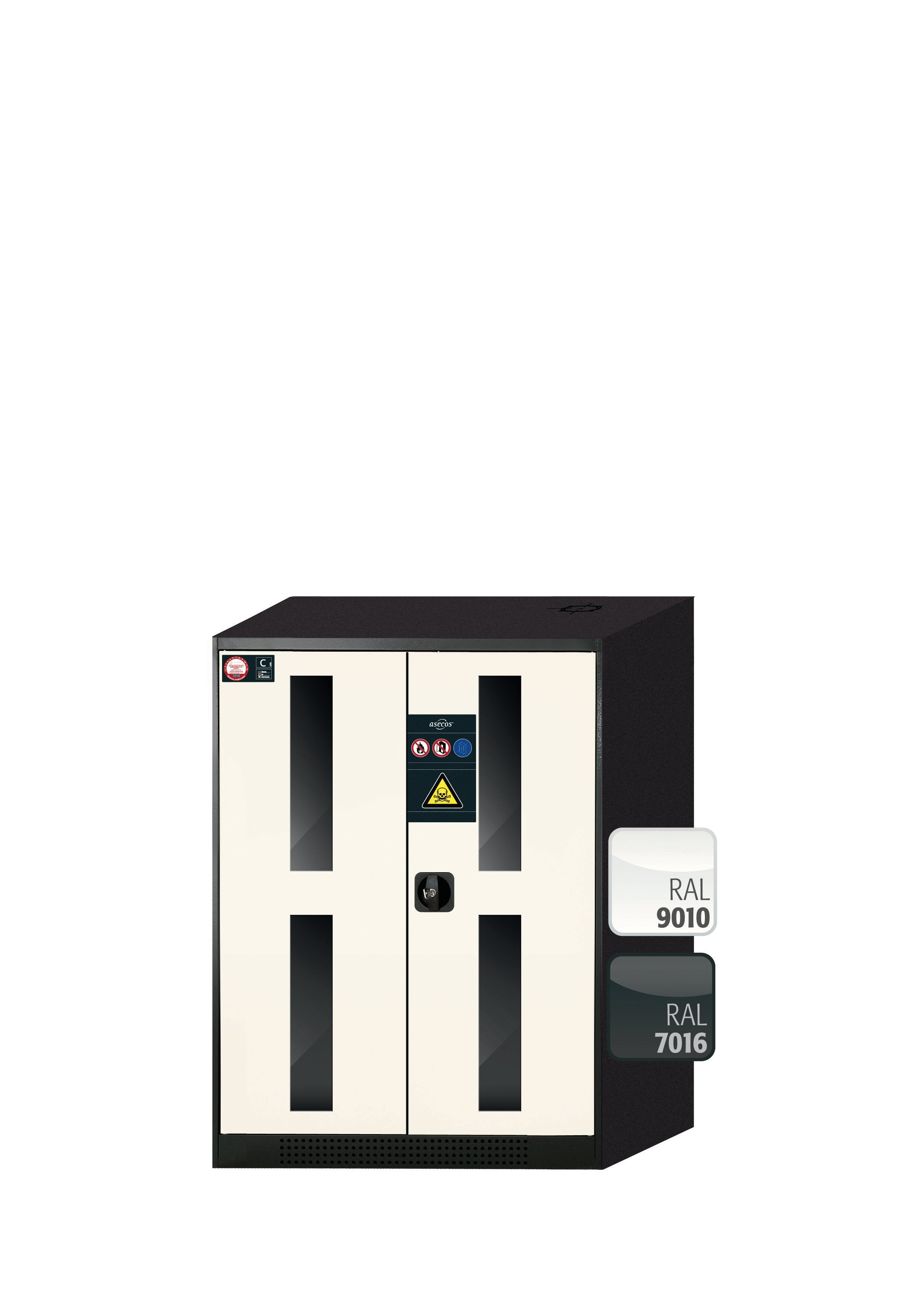 Chemikalienschrank CS-CLASSIC-G Modell CS.110.081.WDFW in reinweiss RAL 9010 mit 2x Tablarauszug AbZ (Stahlblech/Polypropylen)