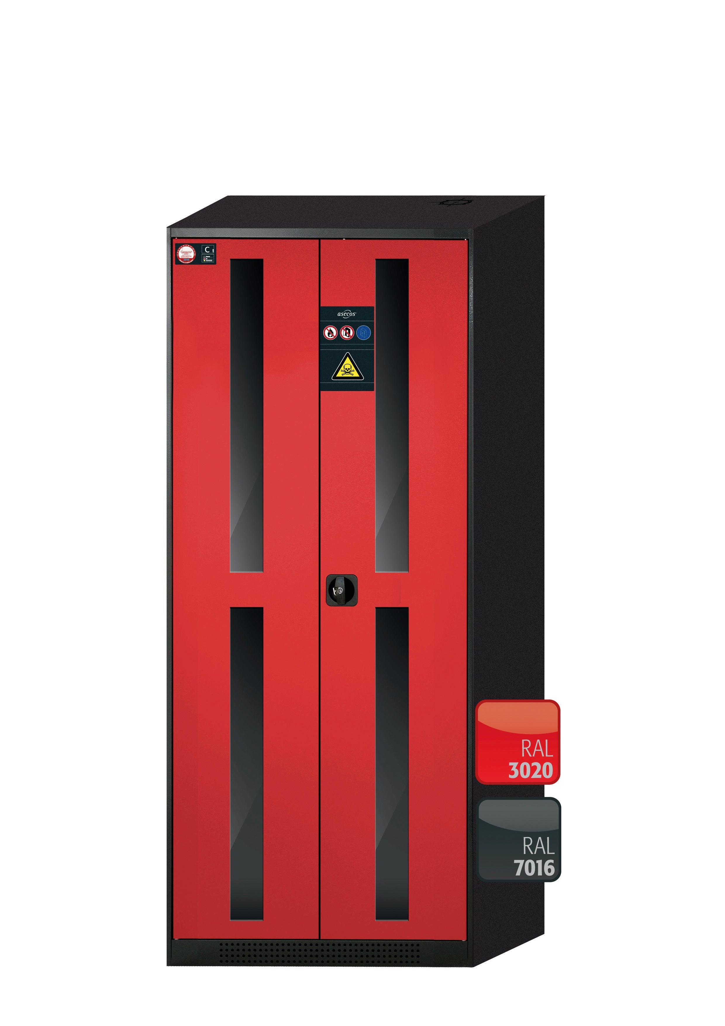 Chemical cabinet CS-CLASSIC-G model CS.195.081.WDFW in traffic red RAL 3020 with 6x AbZ pull-out shelves (sheet steel/polypropylene)