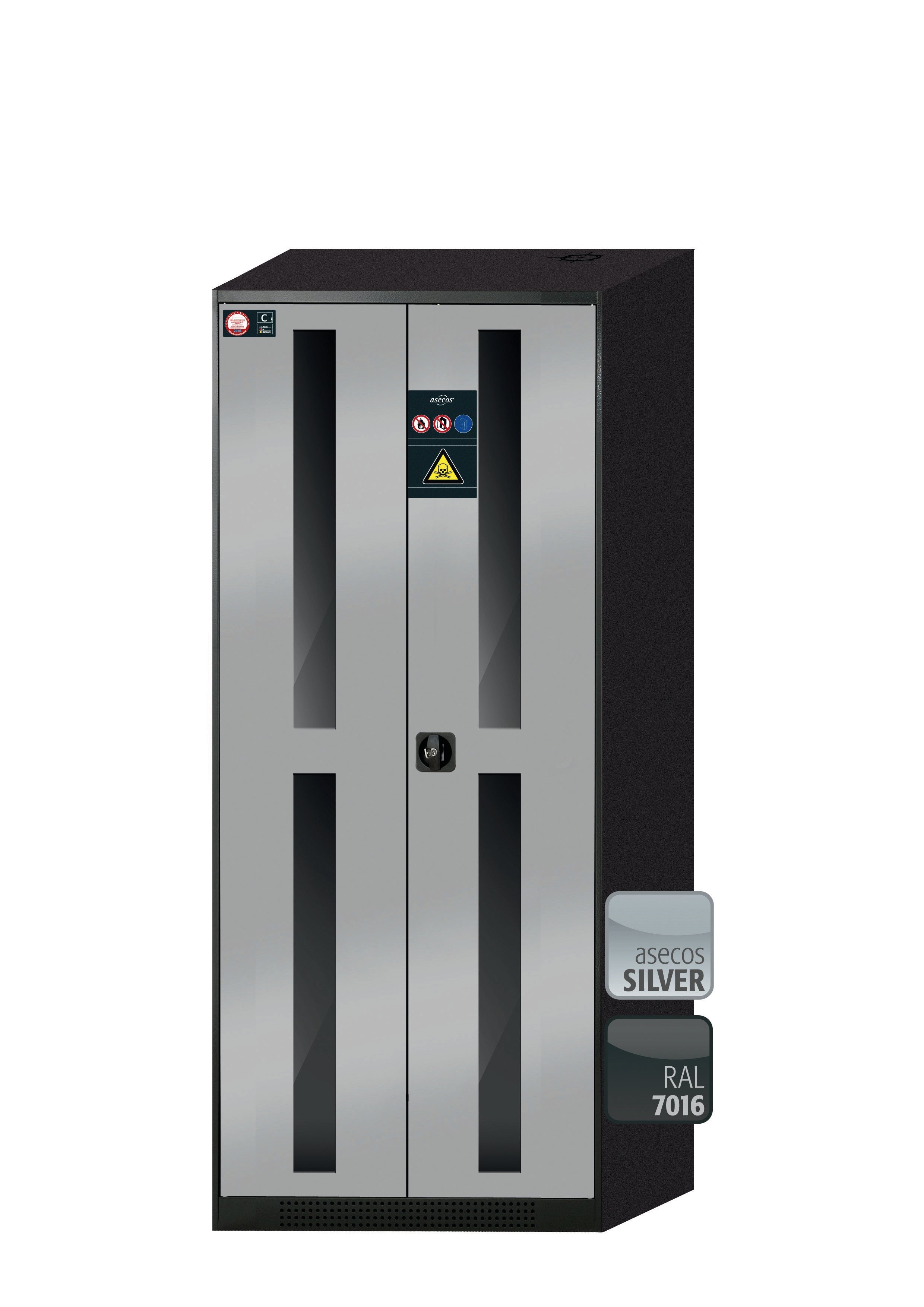Chemikalienschrank CS-CLASSIC-G Modell CS.195.081.WDFW in asecos Silber mit 4x Tablarauszug AbZ (Stahlblech/Polypropylen)