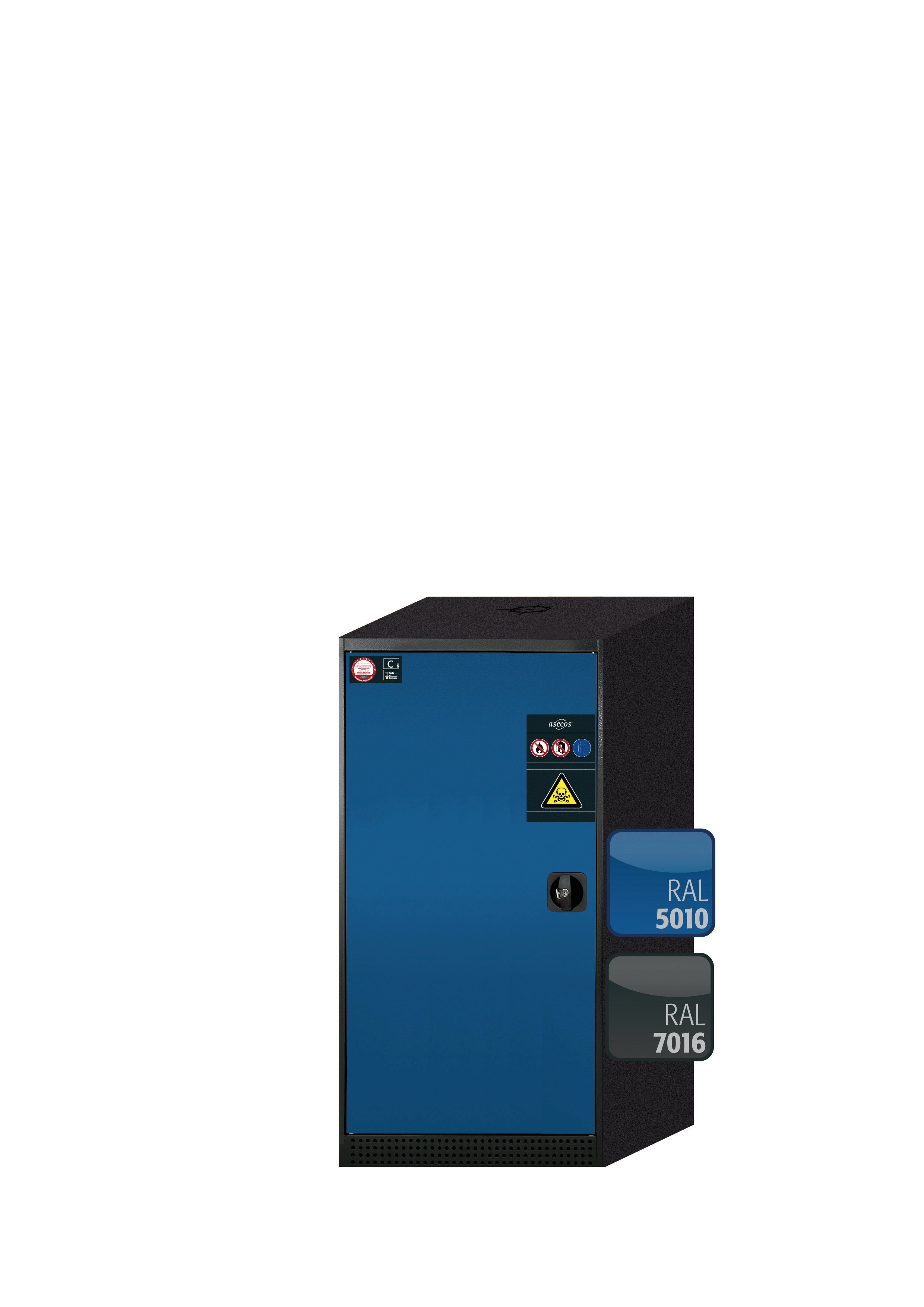 Chemical cabinet CS-CLASSIC model CS.110.054 in gentian blue RAL 5010 with 2x AbZ pull-out shelves (sheet steel/polypropylene)