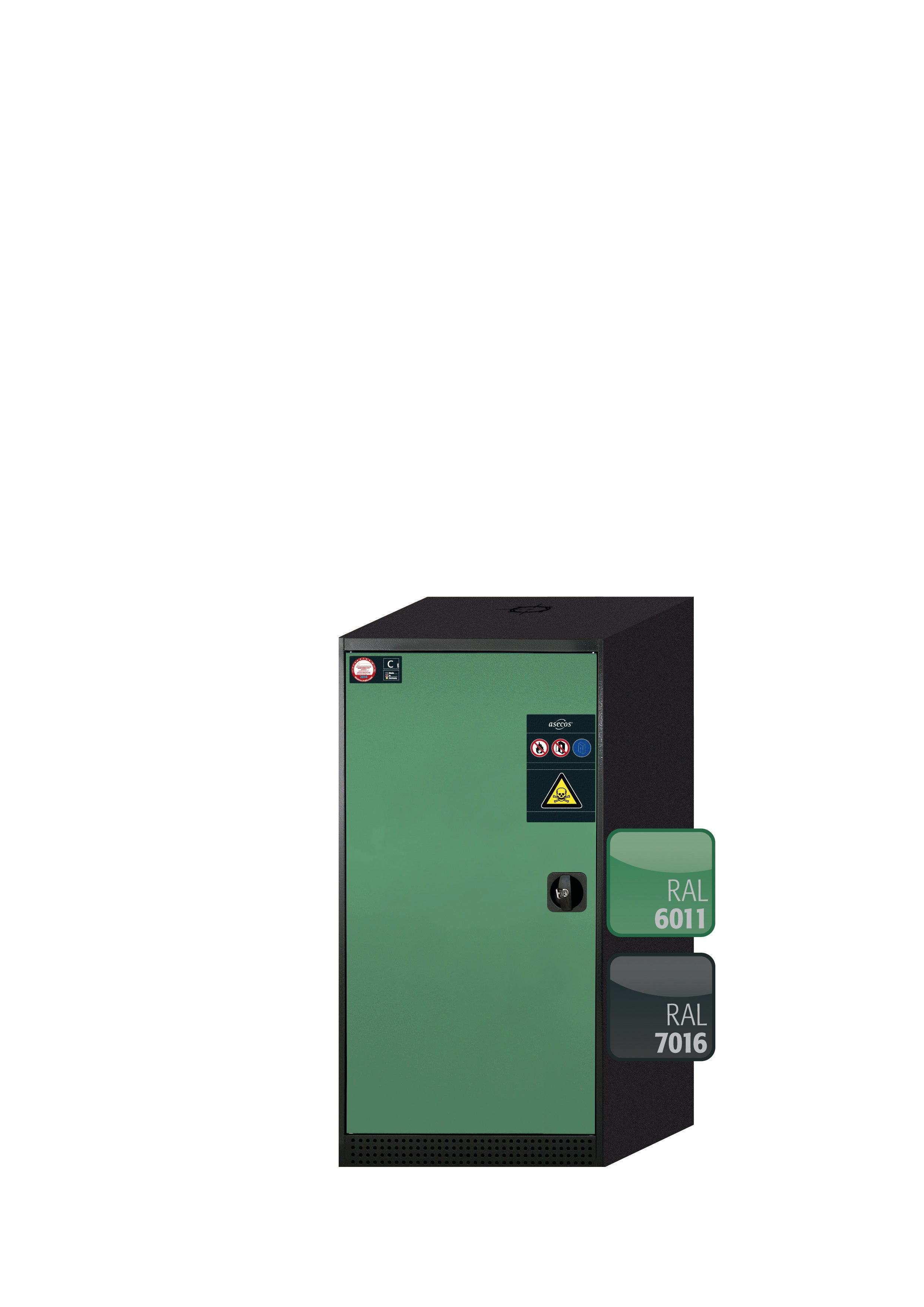 Chemical cabinet CS-CLASSIC model CS.110.054 in reseda green RAL 6011 with 2x standard shelves (sheet steel)