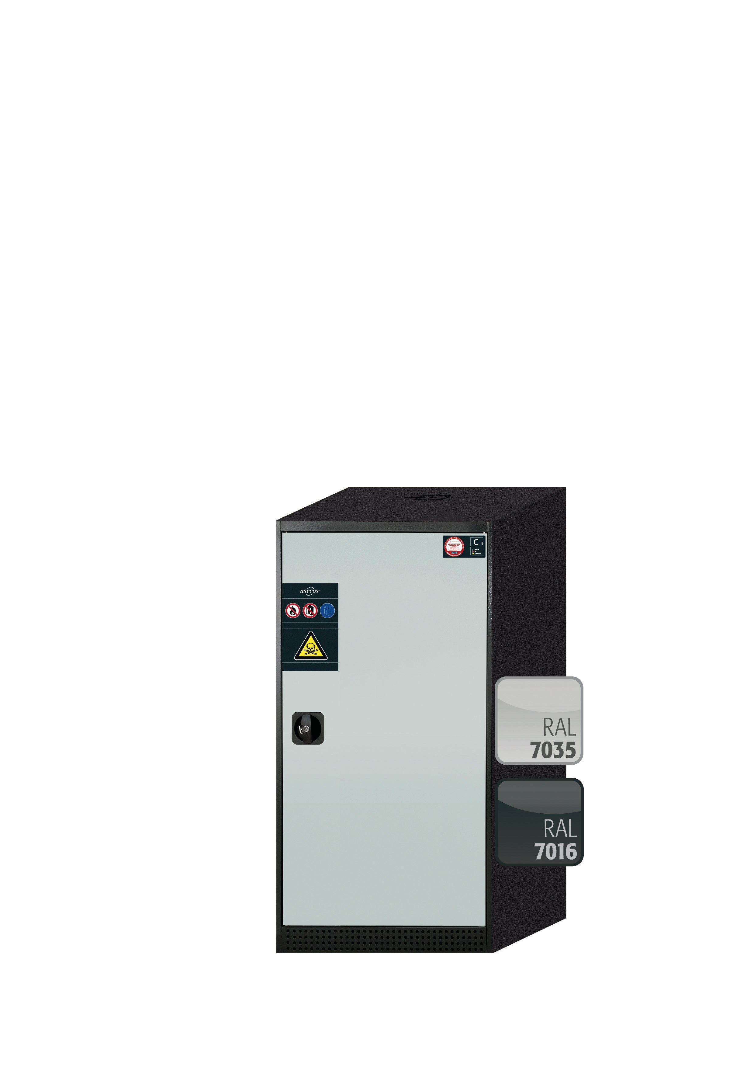 Chemikalienschrank CS-CLASSIC Modell CS.110.054.R in lichtgrau RAL 7035 mit 2x Tablarauszug AbZ (Stahlblech/Polypropylen)