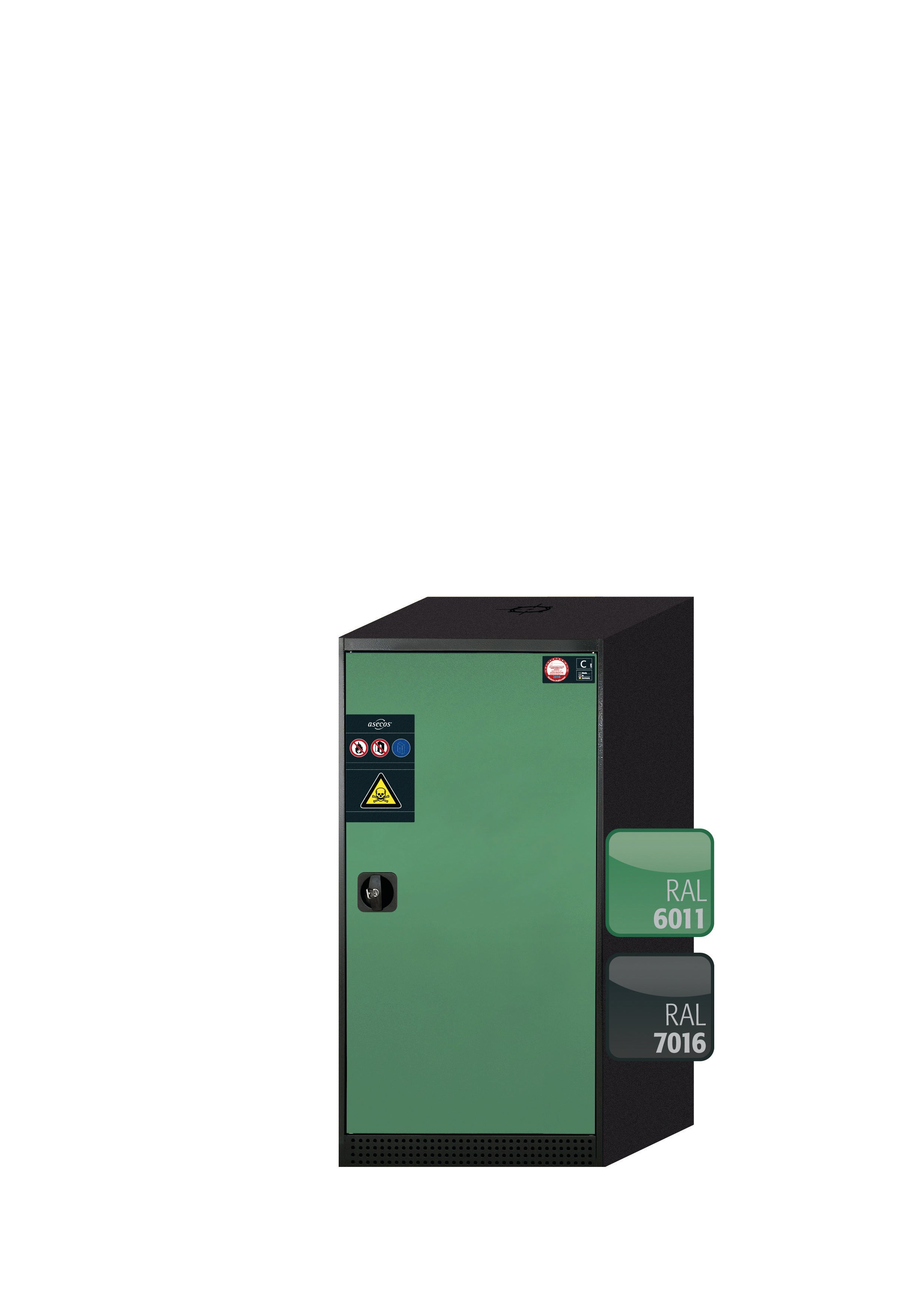 Chemical cabinet CS-CLASSIC model CS.110.054.R in reseda green RAL 6011 with 2x standard shelves (sheet steel)