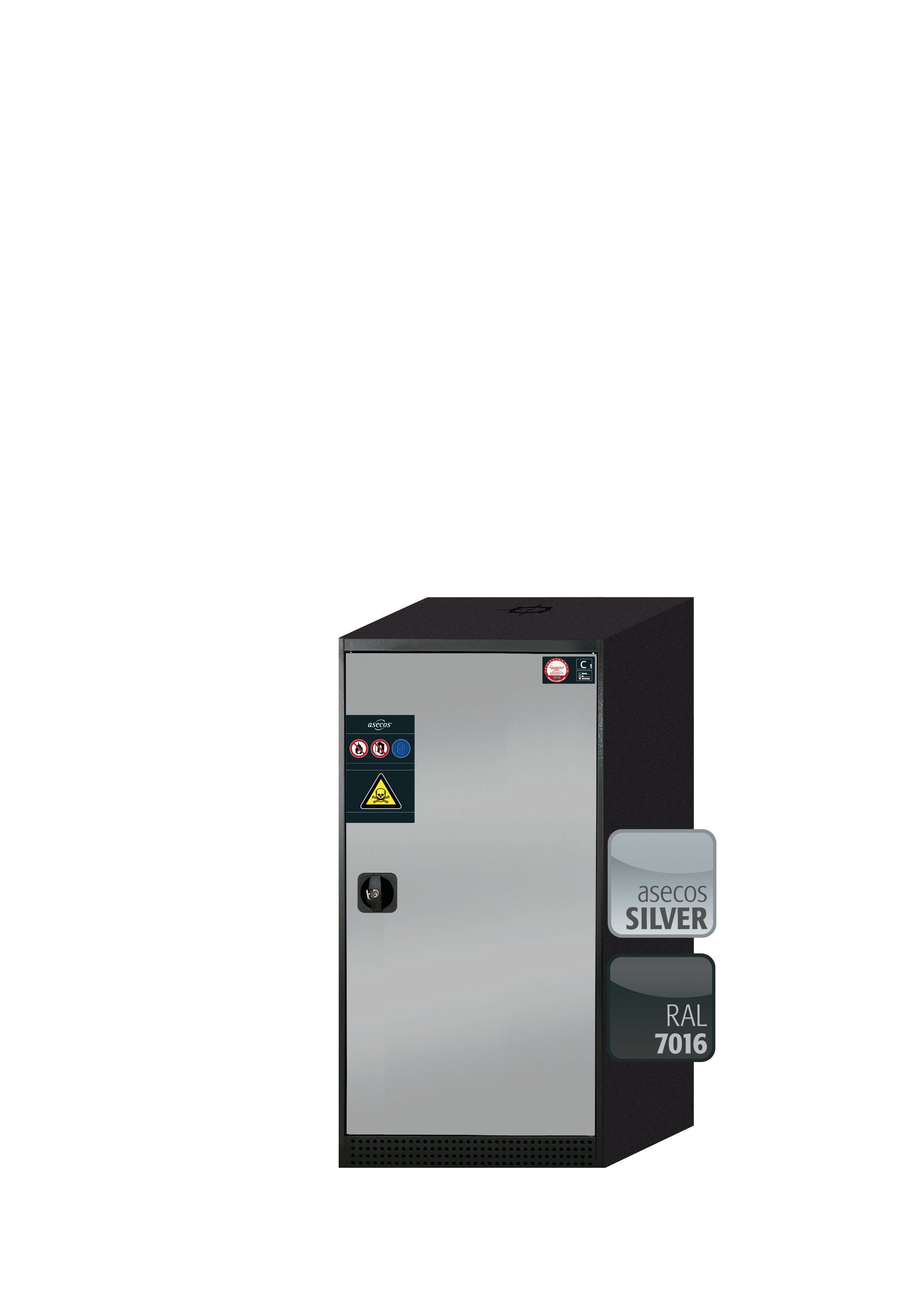 Chemical cabinet CS-CLASSIC model CS.110.054.R in asecos silver with 2x AbZ pull-out shelves (sheet steel/polypropylene)