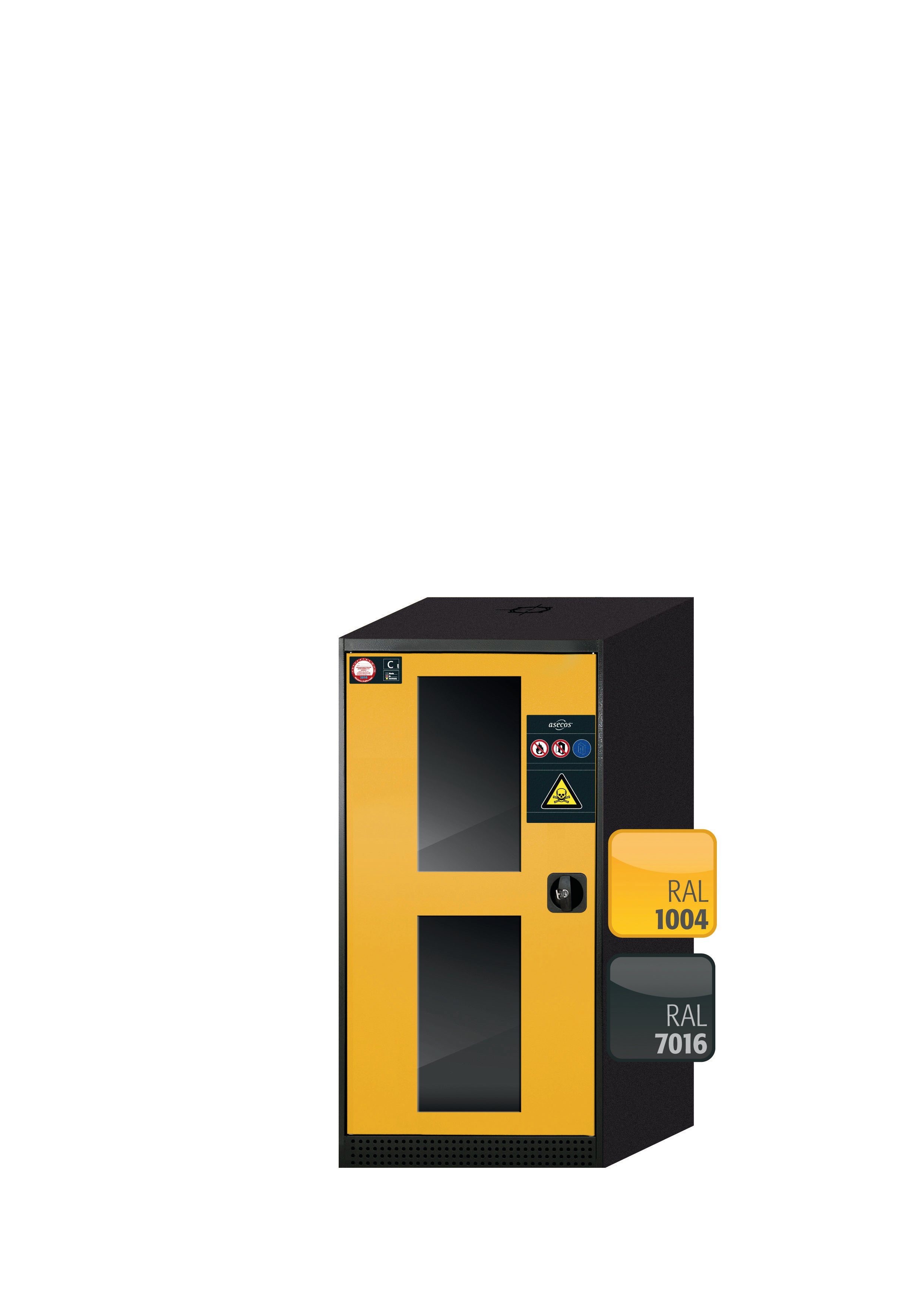 Armoire chimique CS-CLASSIC-G modèle CS.110.054.WDFW en jaune de sécurité RAL 1004 avec 2x étagères standard (tôle d'acier)