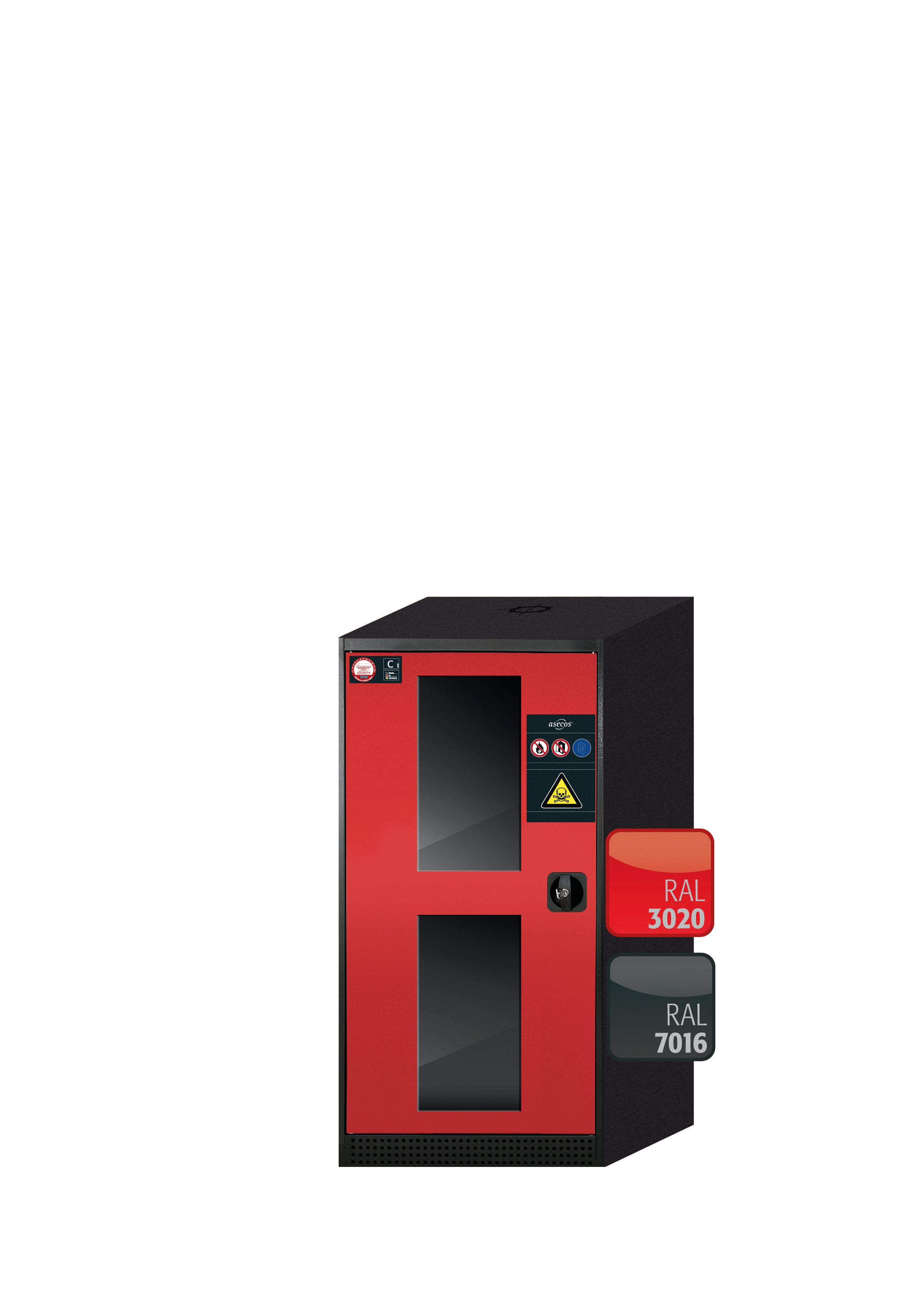 Chemical cabinet CS-CLASSIC-G model CS.110.054.WDFW in traffic red RAL 3020 with 2x standard shelves (sheet steel)