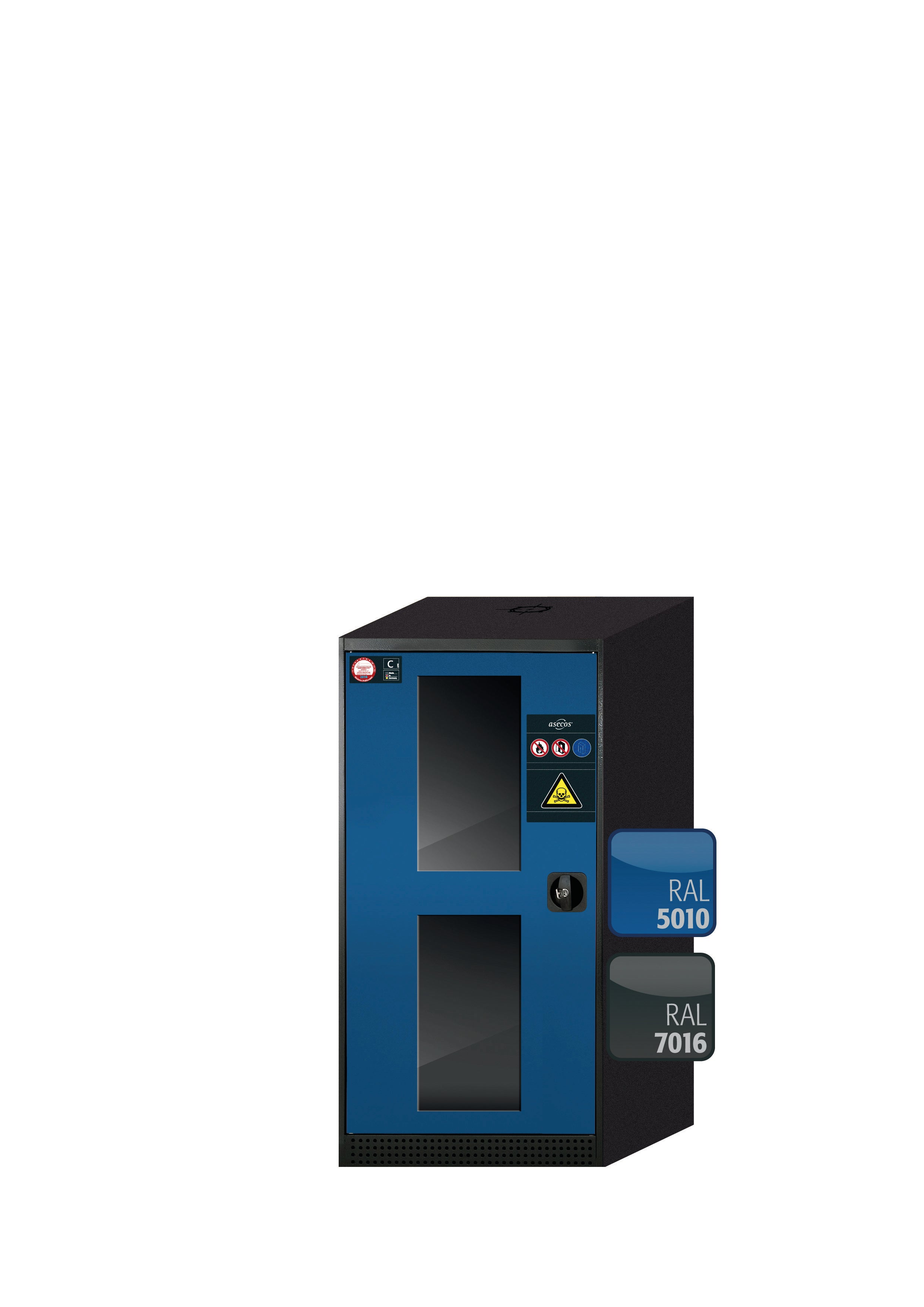 Chemikalienschrank CS-CLASSIC-G Modell CS.110.054.WDFW in enzianblau RAL 5010 mit 2x Fachboden Standard (Stahlblech)