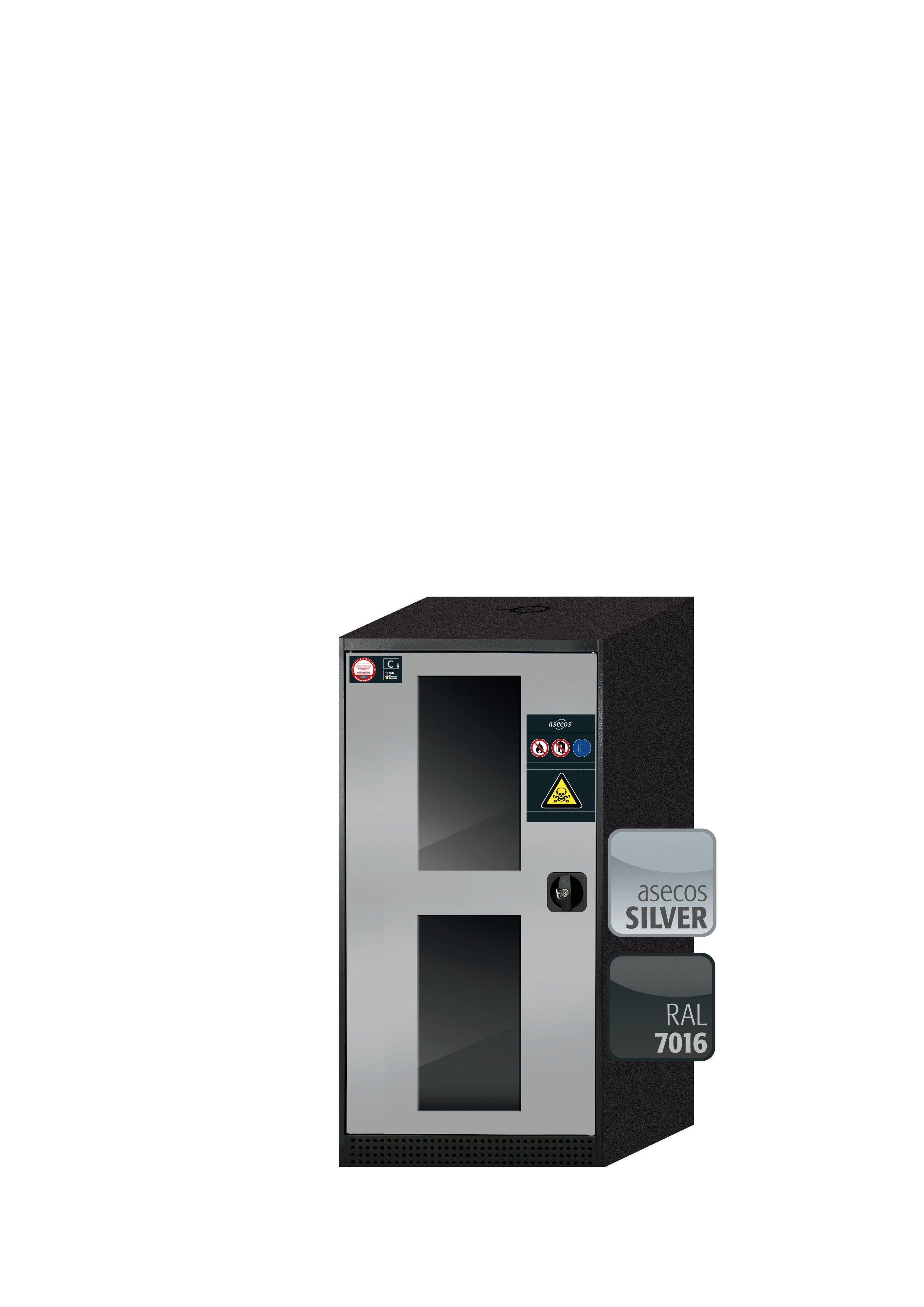 Chemikalienschrank CS-CLASSIC-G Modell CS.110.054.WDFW in asecos Silber mit 2x Fachboden Standard (Stahlblech)