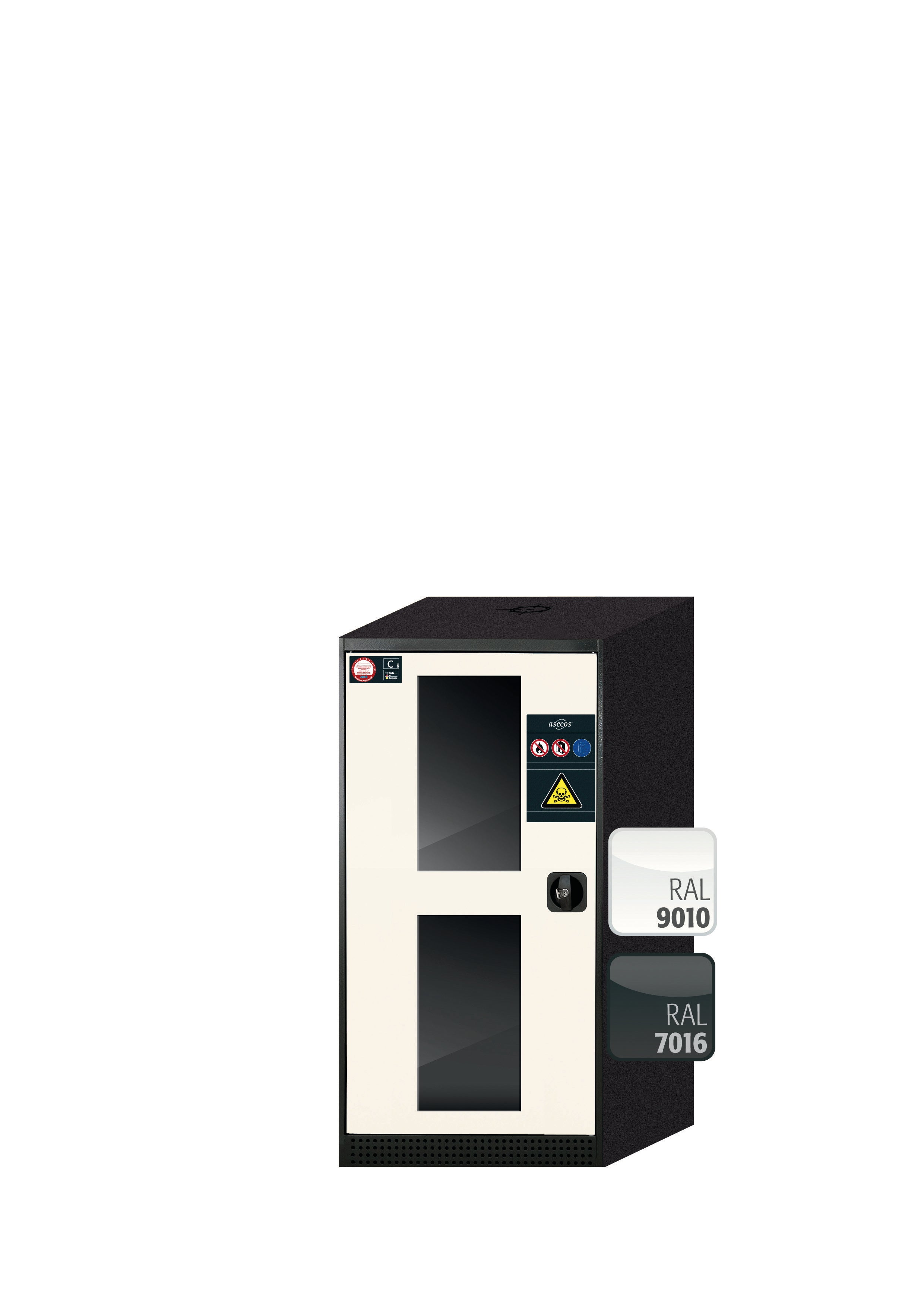 Chemical cabinet CS-CLASSIC-G model CS.110.054.WDFW in pure white RAL 9010 with 3x AbZ pull-out shelves (sheet steel/polypropylene)