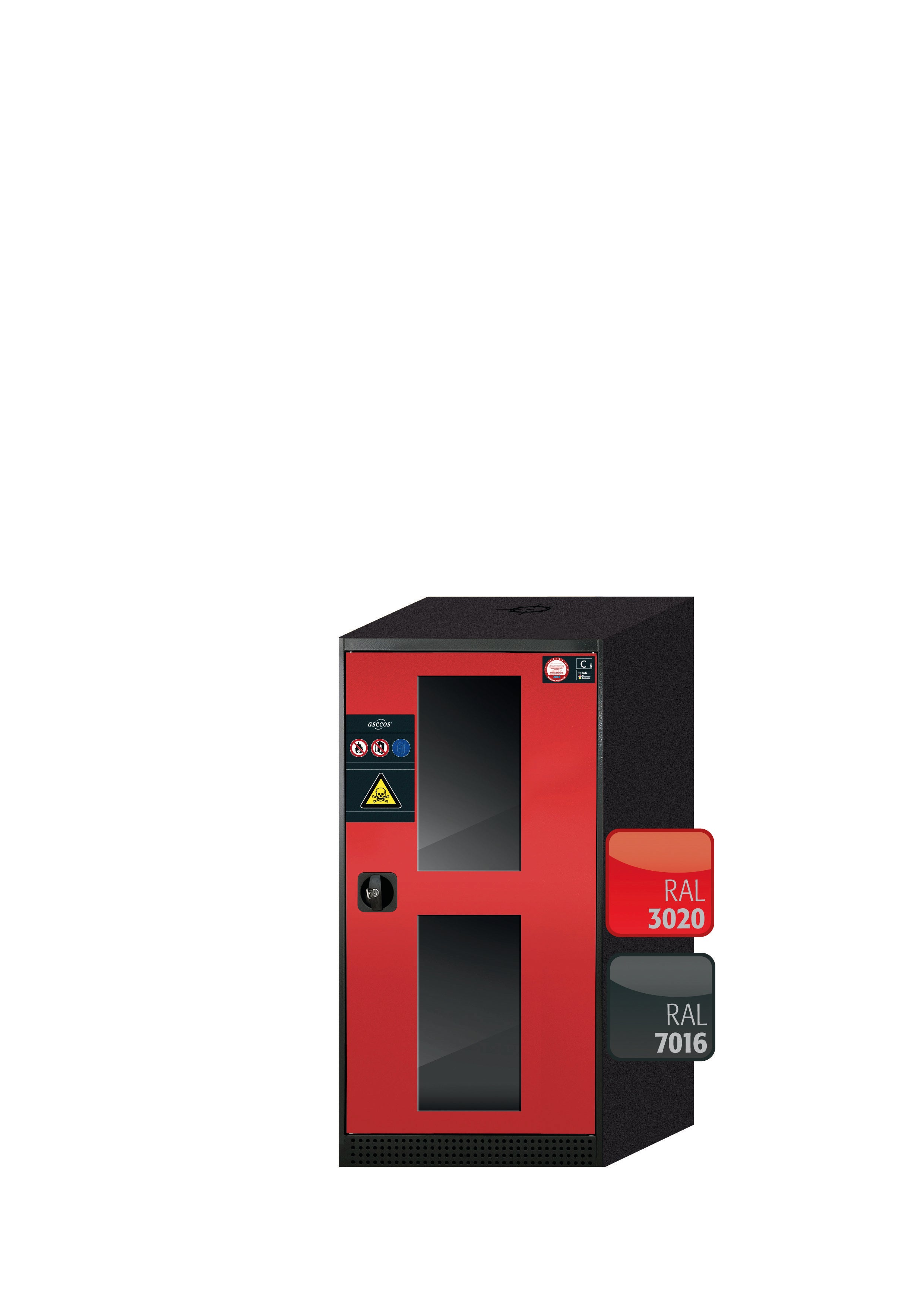Chemical cabinet CS-CLASSIC-G model CS.110.054.WDFWR in traffic red RAL 3020 with 3x AbZ pull-out shelves (sheet steel/polypropylene)