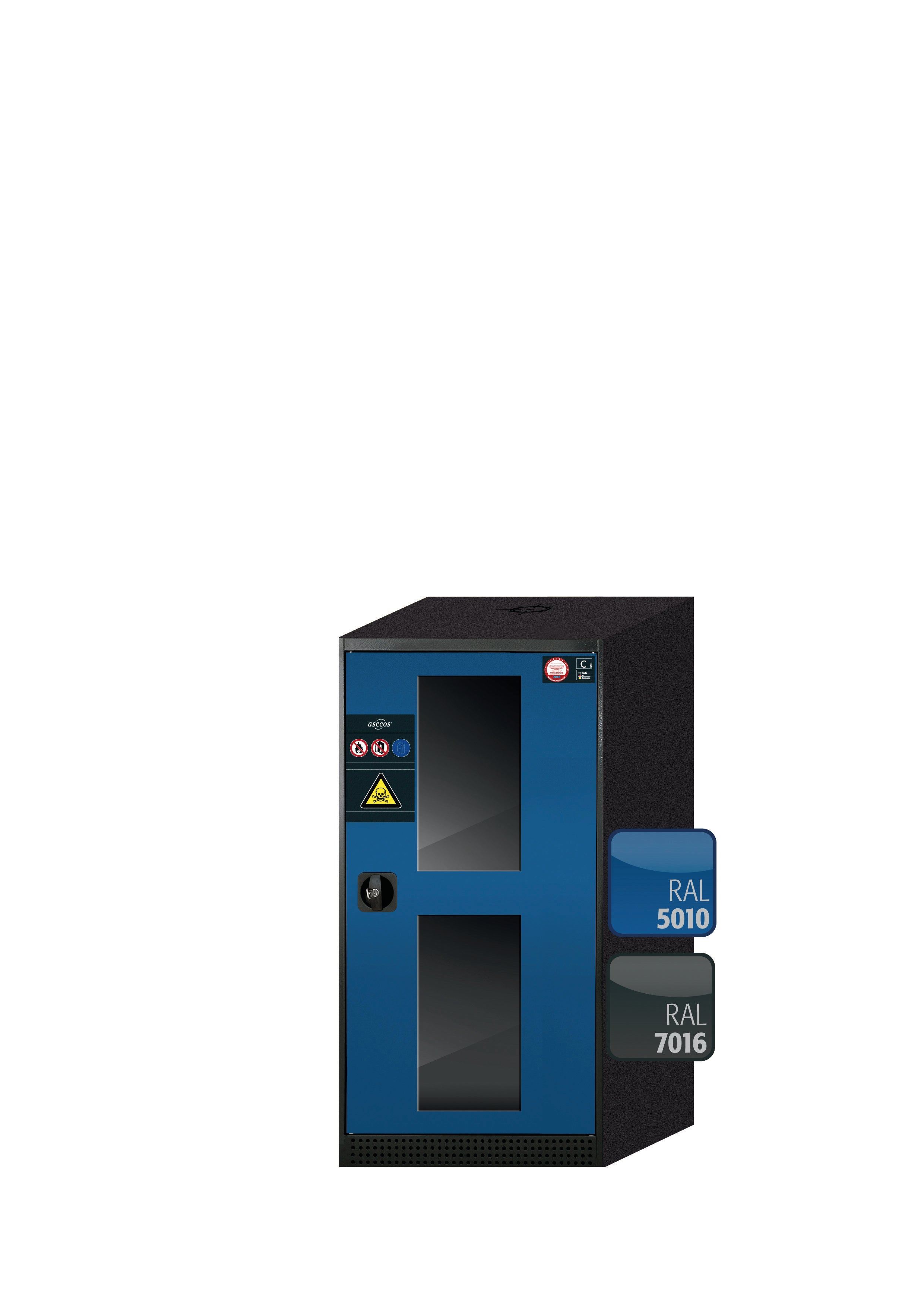 Chemical cabinet CS-CLASSIC-G model CS.110.054.WDFWR in gentian blue RAL 5010 with 2x standard shelves (sheet steel)