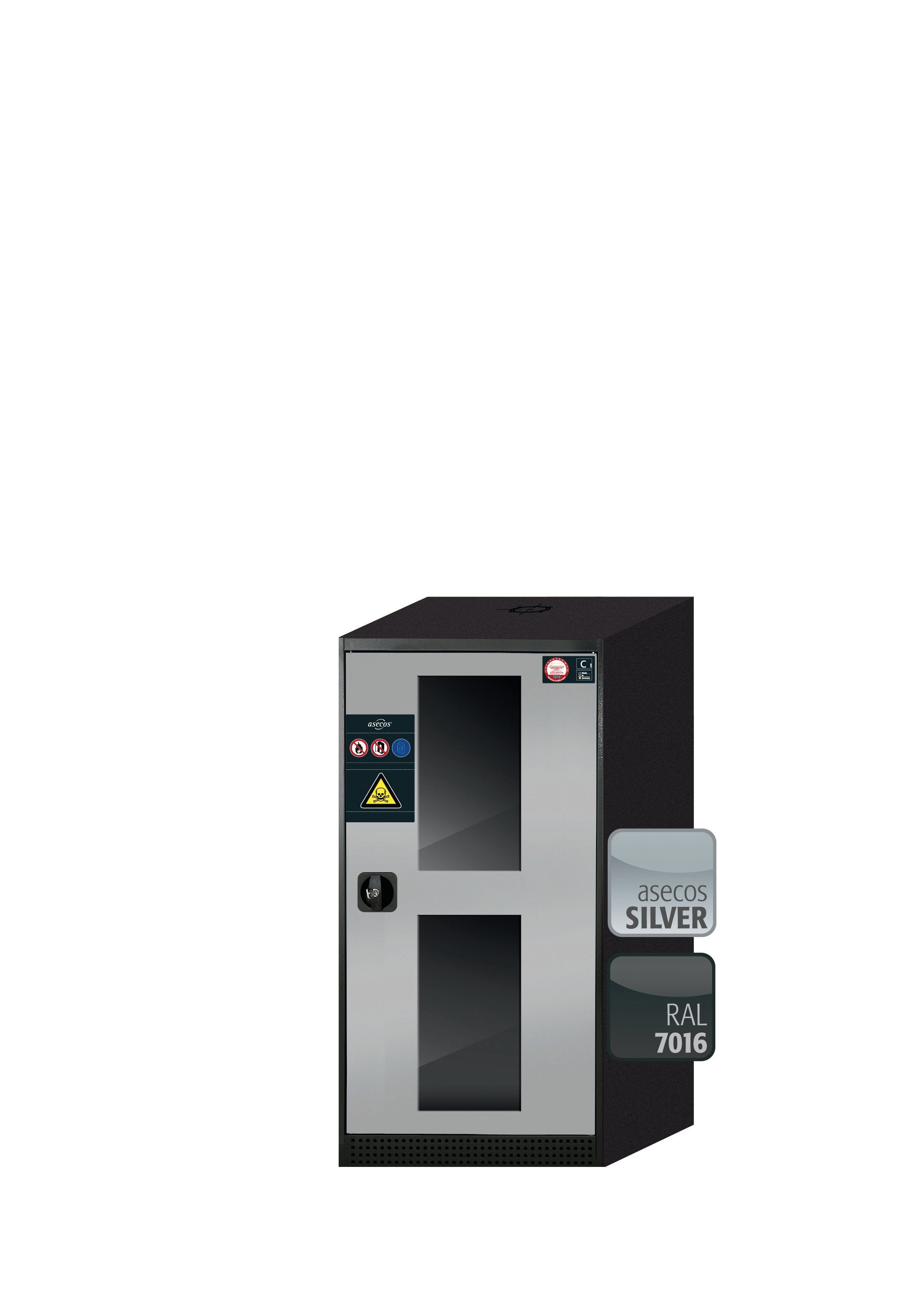 Armoire chimique CS-CLASSIC-G modèle CS.110.054.WDFWR en argent asecos avec 3 étagères coulissantes AbZ (tôle d'acier/polypropylène)