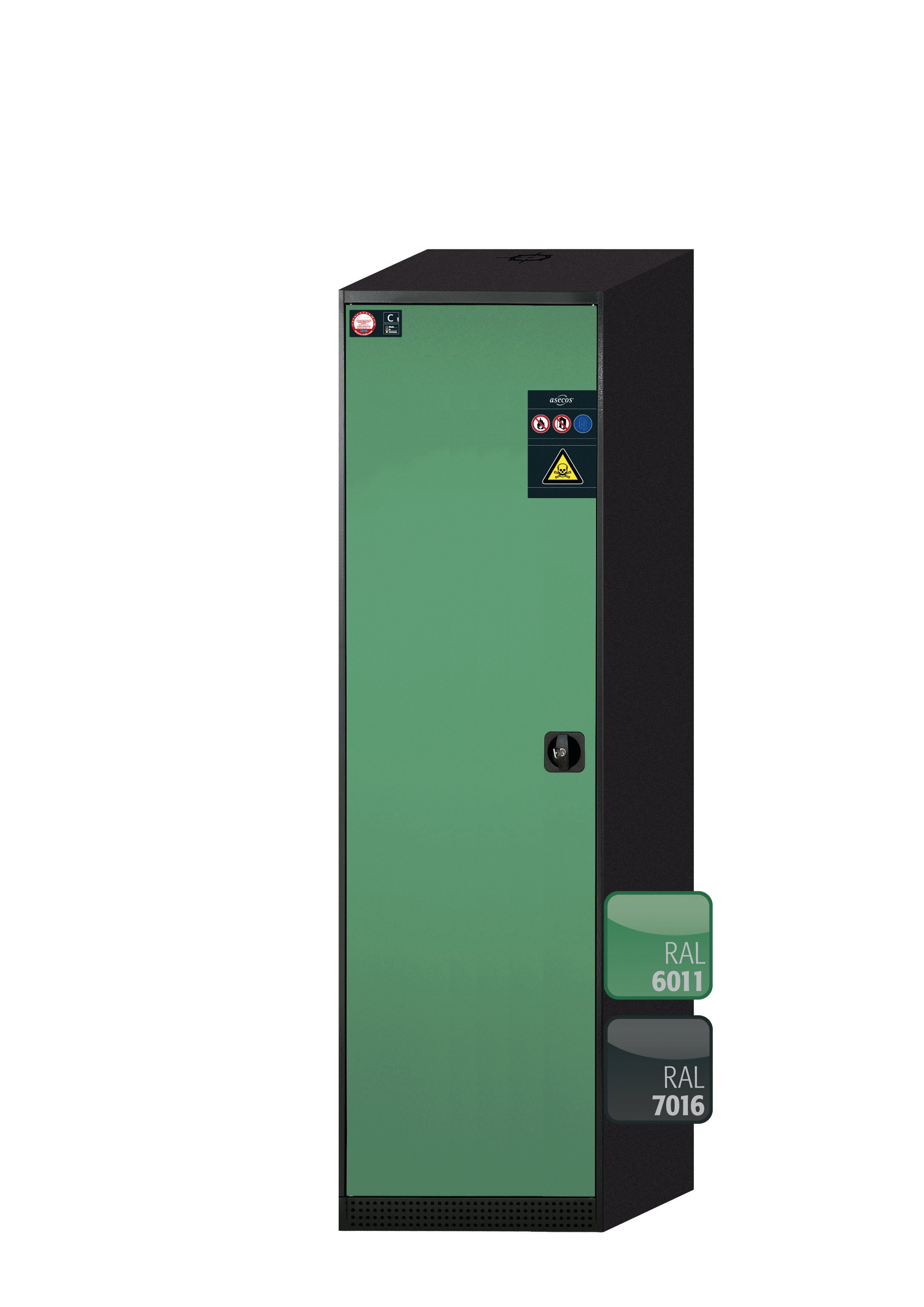 Chemikalienschrank CS-CLASSIC Modell CS.195.054 in resedagrün RAL 6011 mit 5x Tablarauszug AbZ (Stahlblech/Polypropylen)